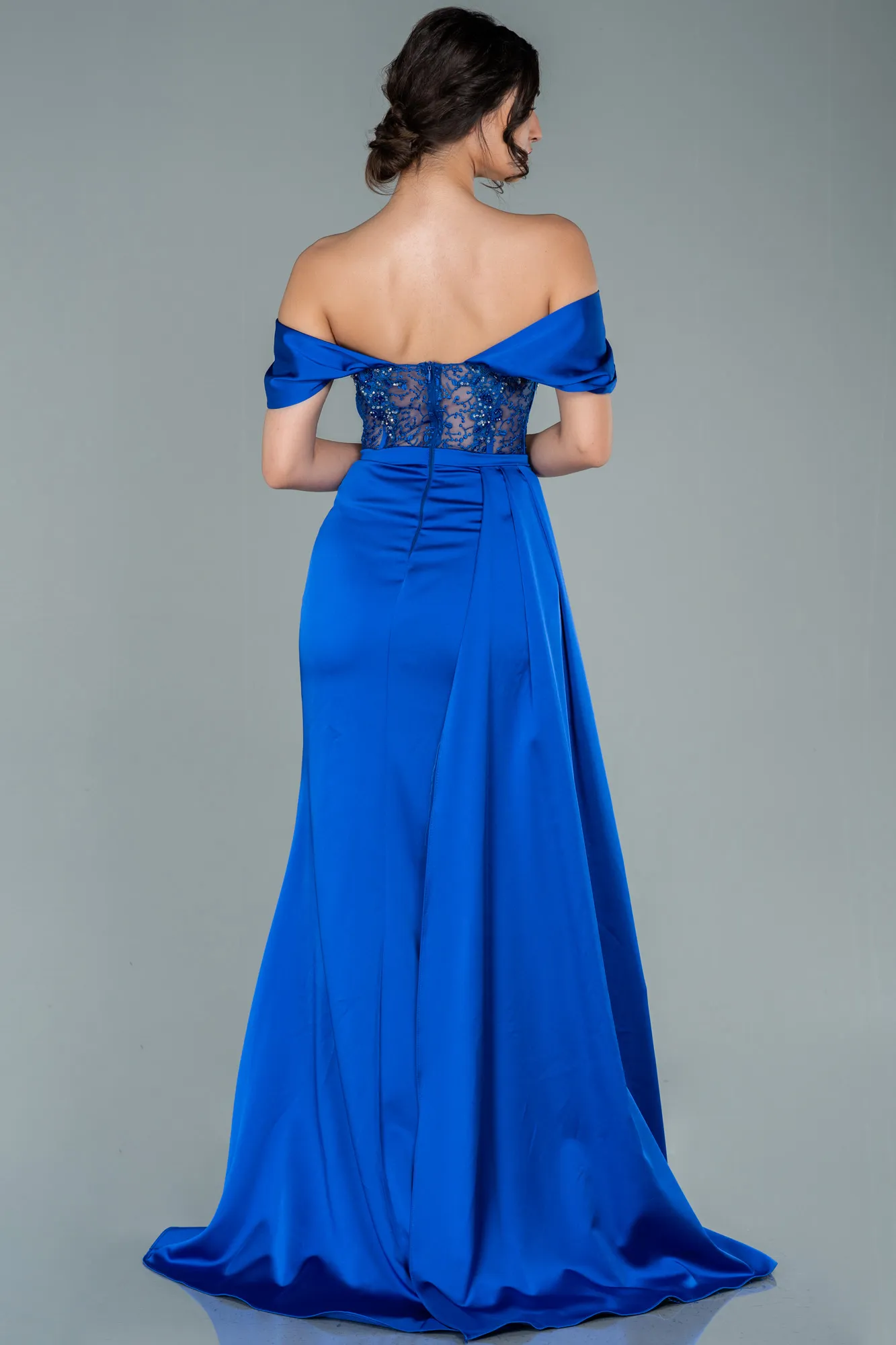 Sax Blue-Long Satin Evening Dress ABU3448