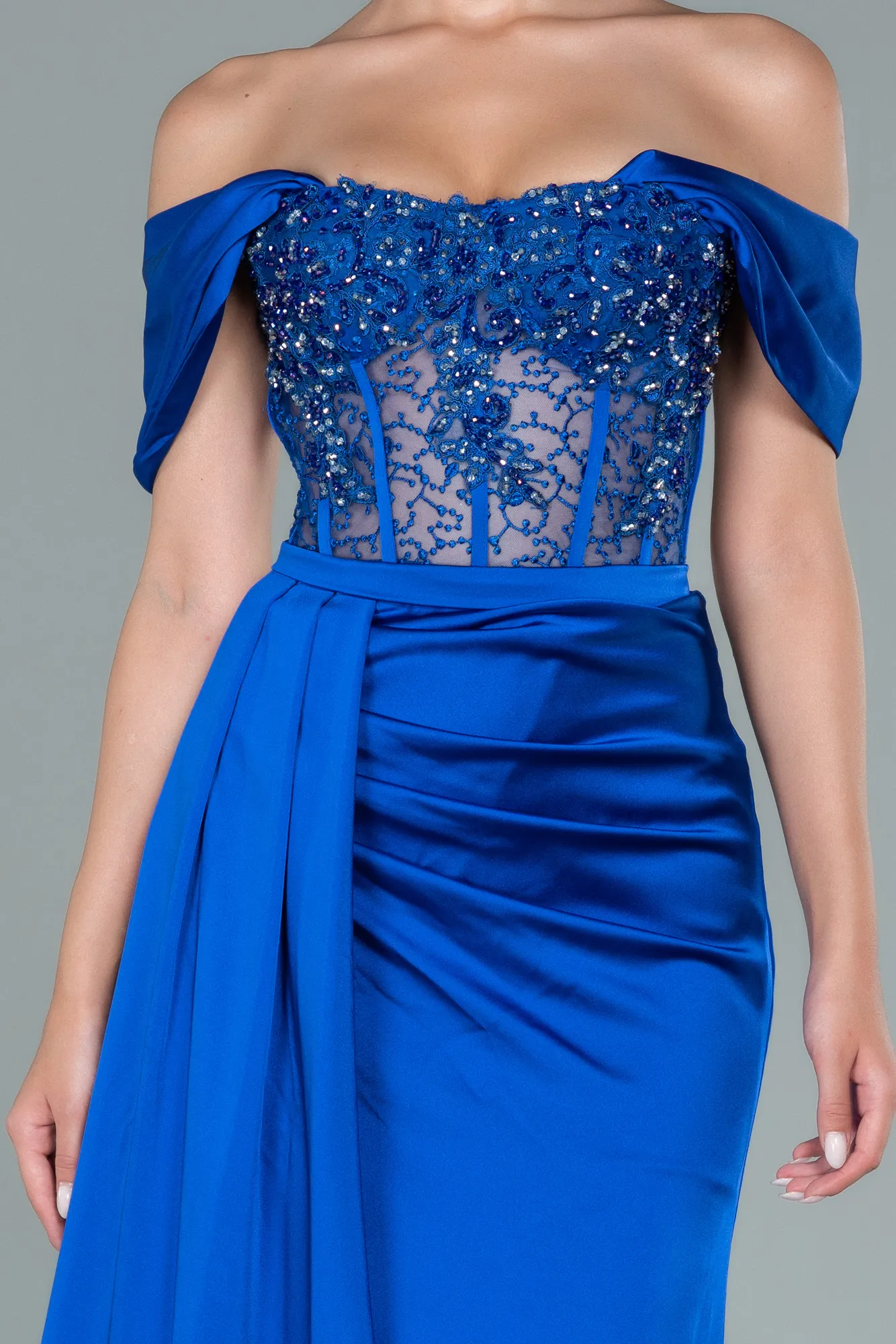 Sax Blue-Long Satin Evening Dress ABU3448