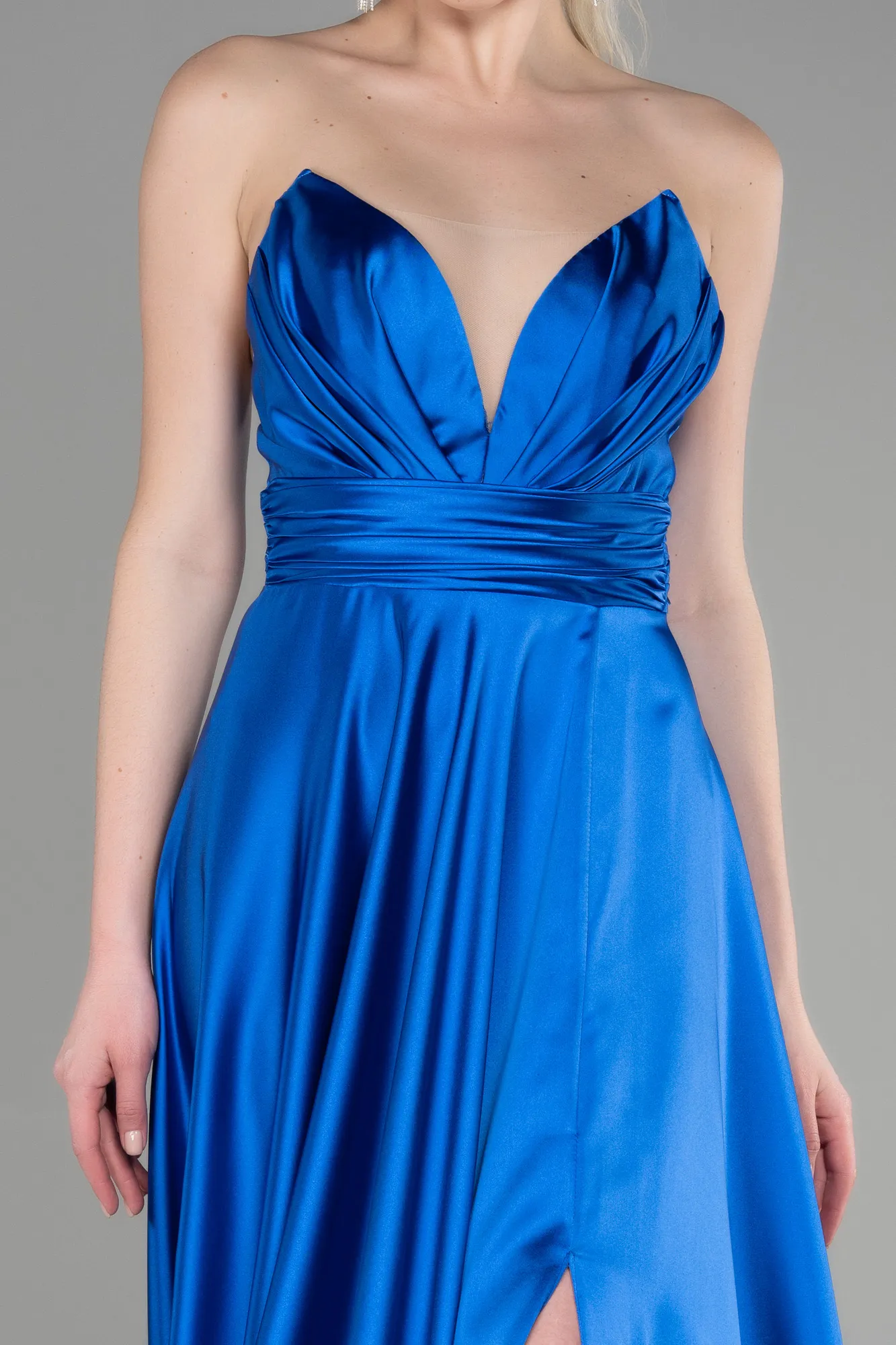 Sax Blue-Long Satin Evening Dress ABU3502