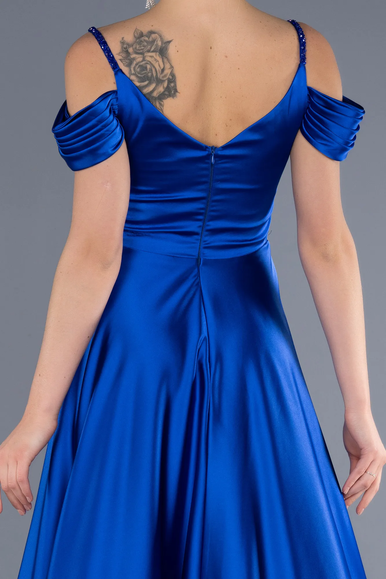 Sax Blue-Long Satin Evening Dress ABU3678