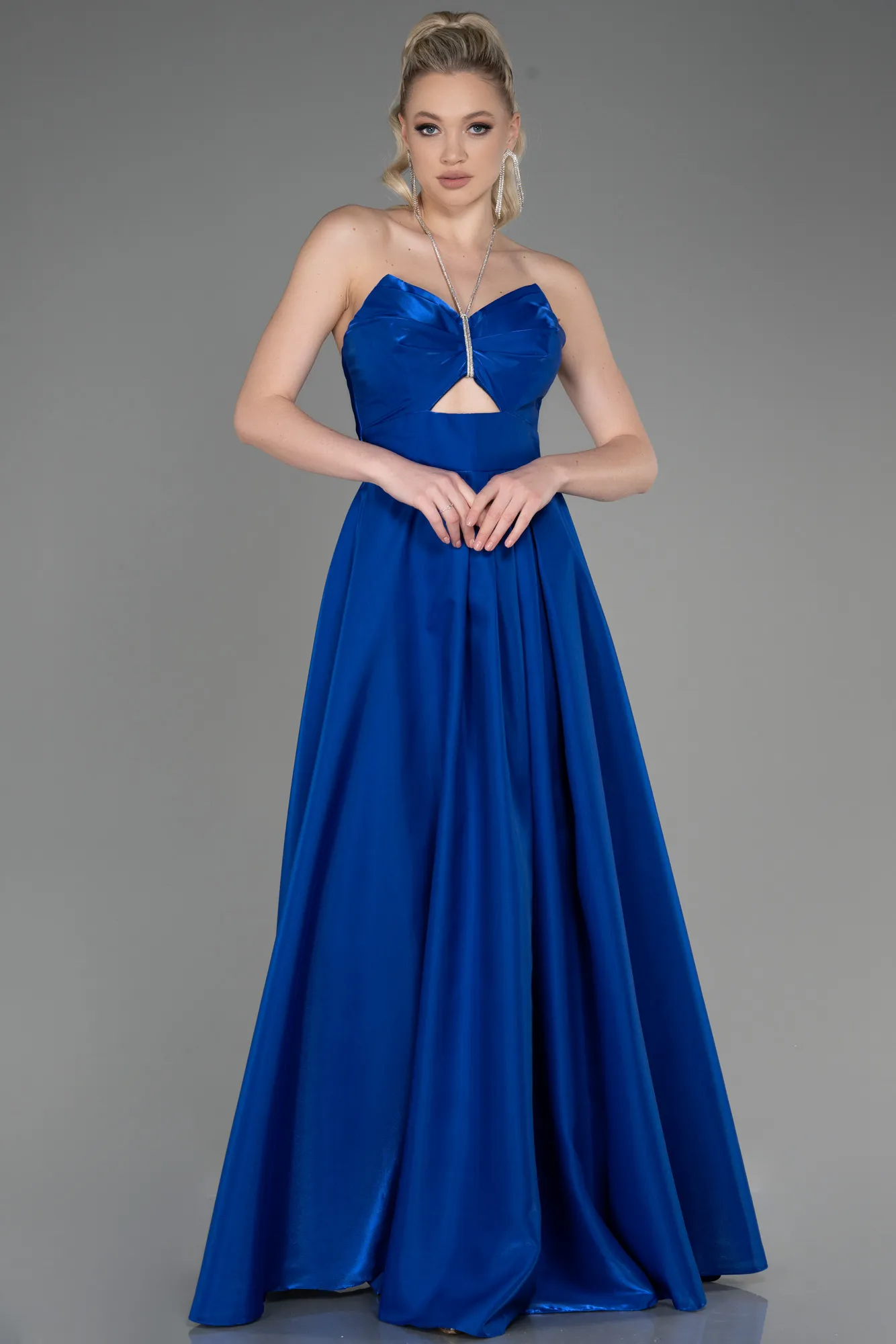 Sax Blue-Long Satin Evening Dress ABU3755