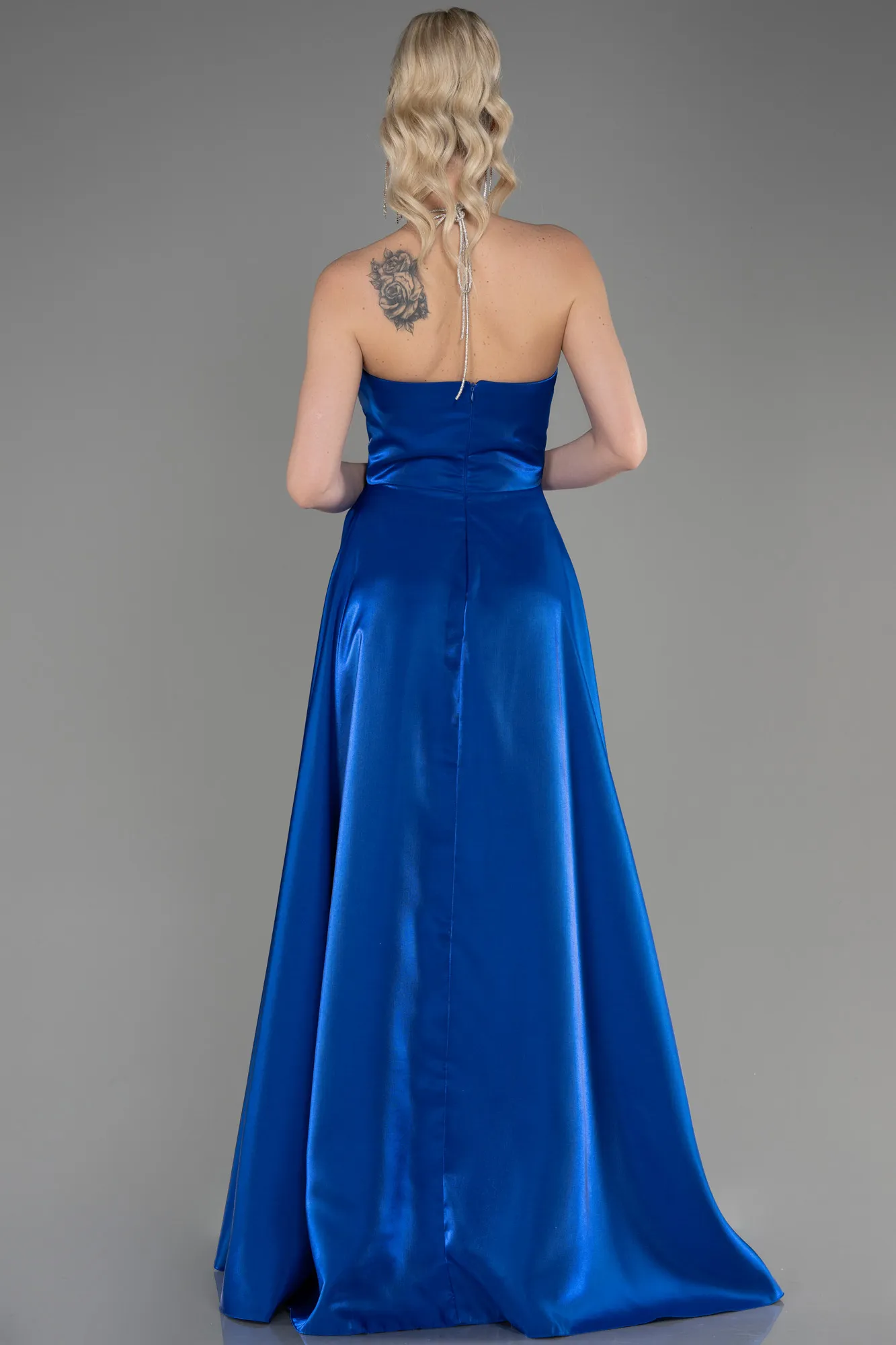 Sax Blue-Long Satin Evening Dress ABU3755