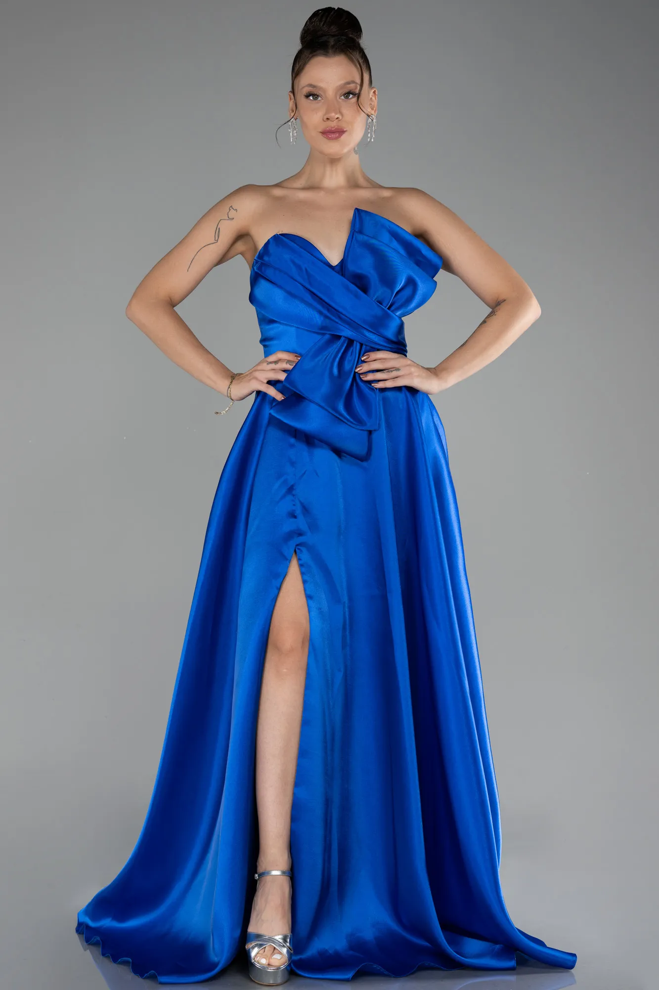 Sax Blue-Long Satin Evening Dress ABU4222