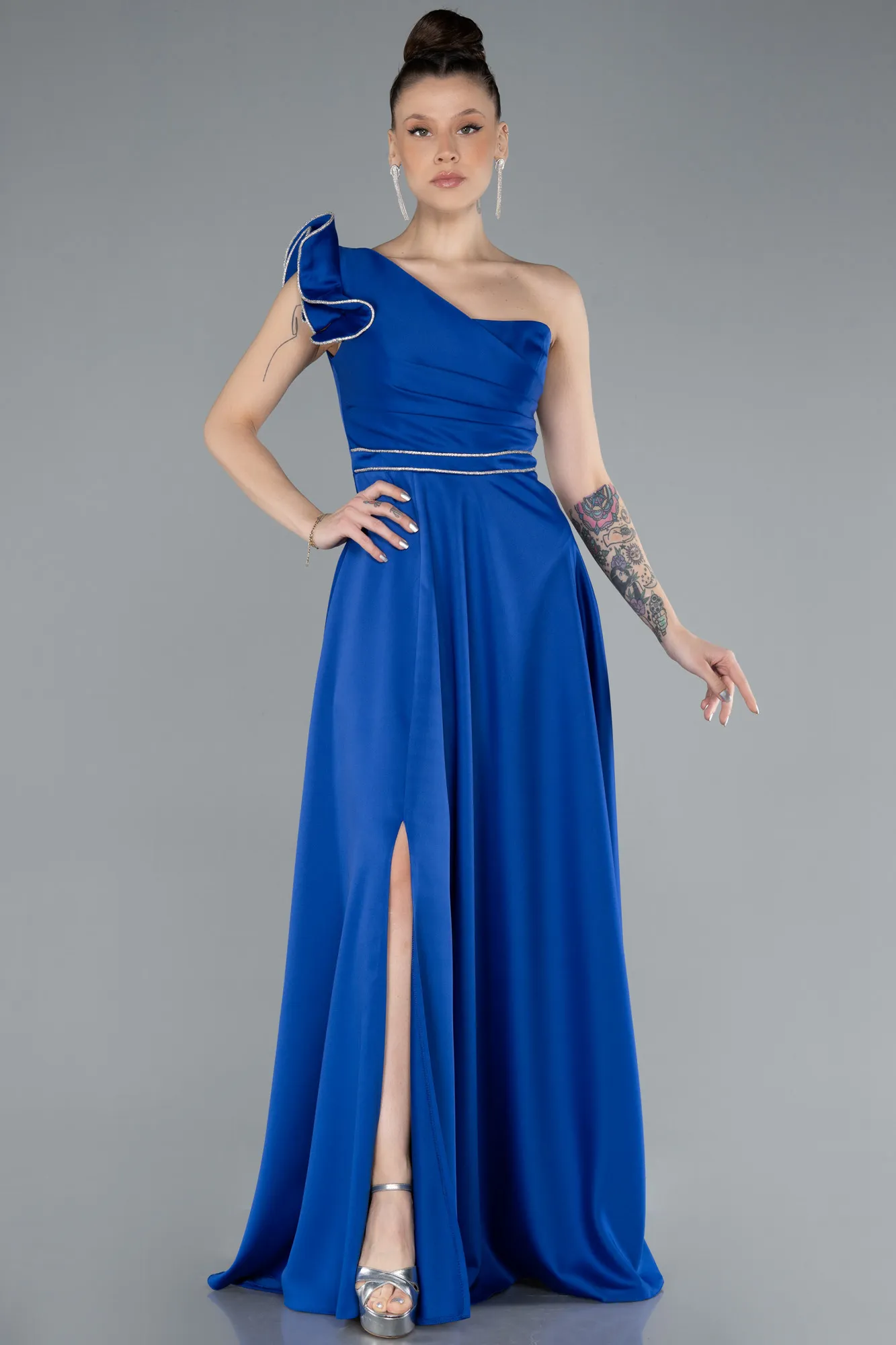 Sax Blue-Long Satin Evening Dress ABU4658