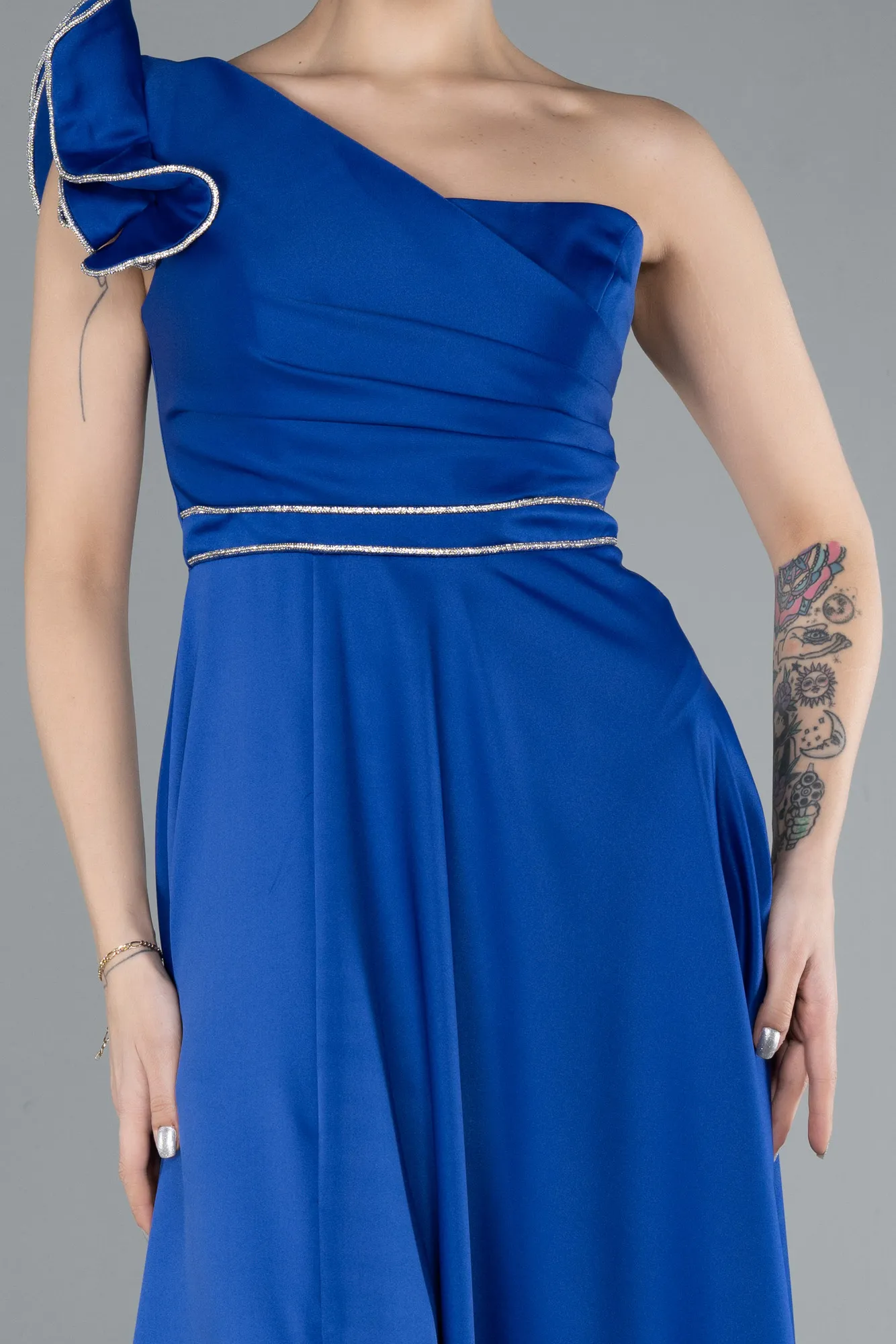 Sax Blue-Long Satin Evening Dress ABU4658