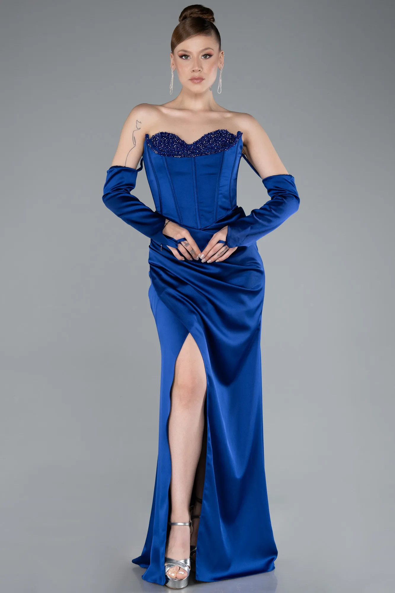 Sax Blue-Long Satin Evening Dress ABU4923