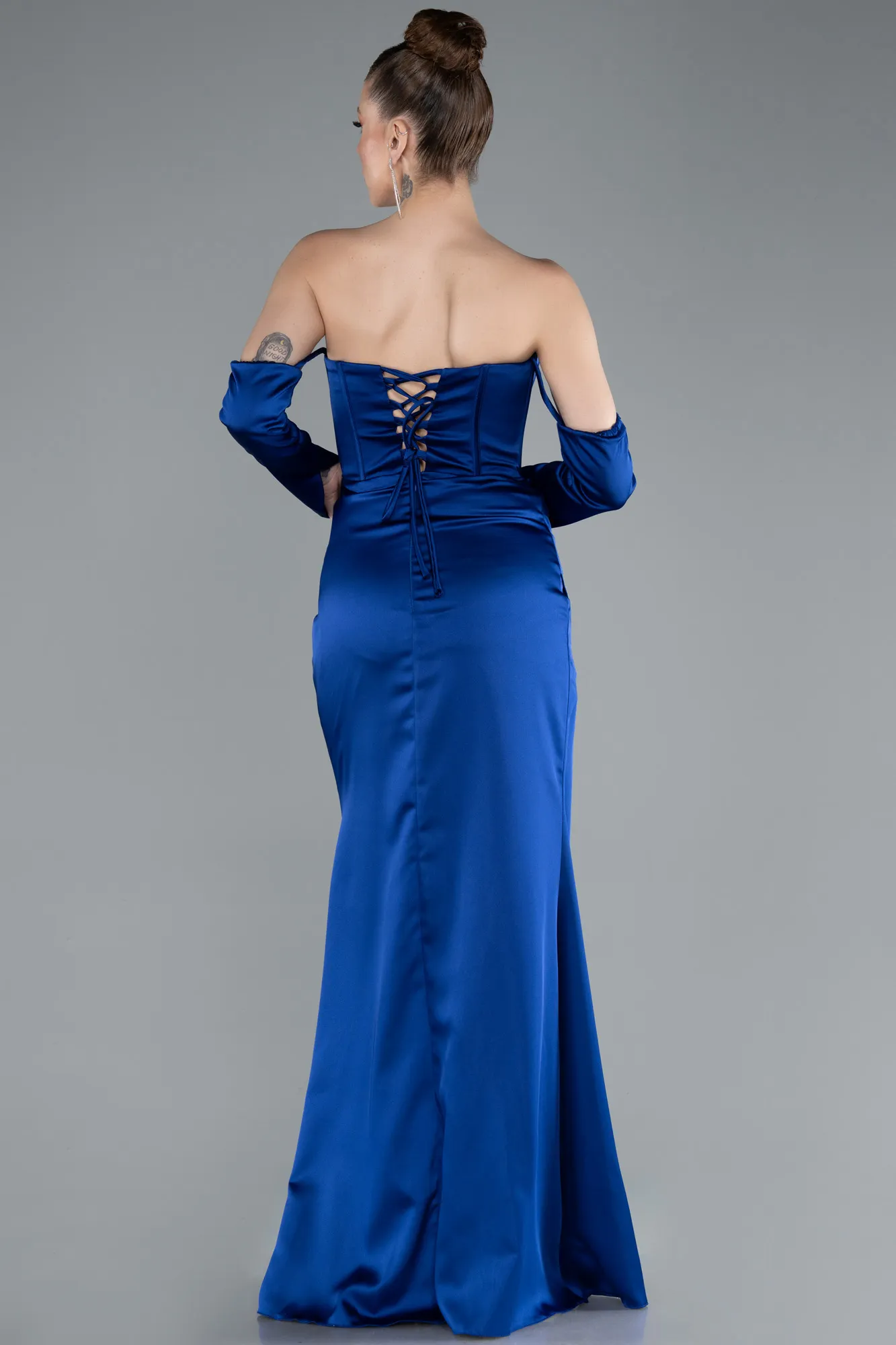 Sax Blue-Long Satin Evening Dress ABU4923