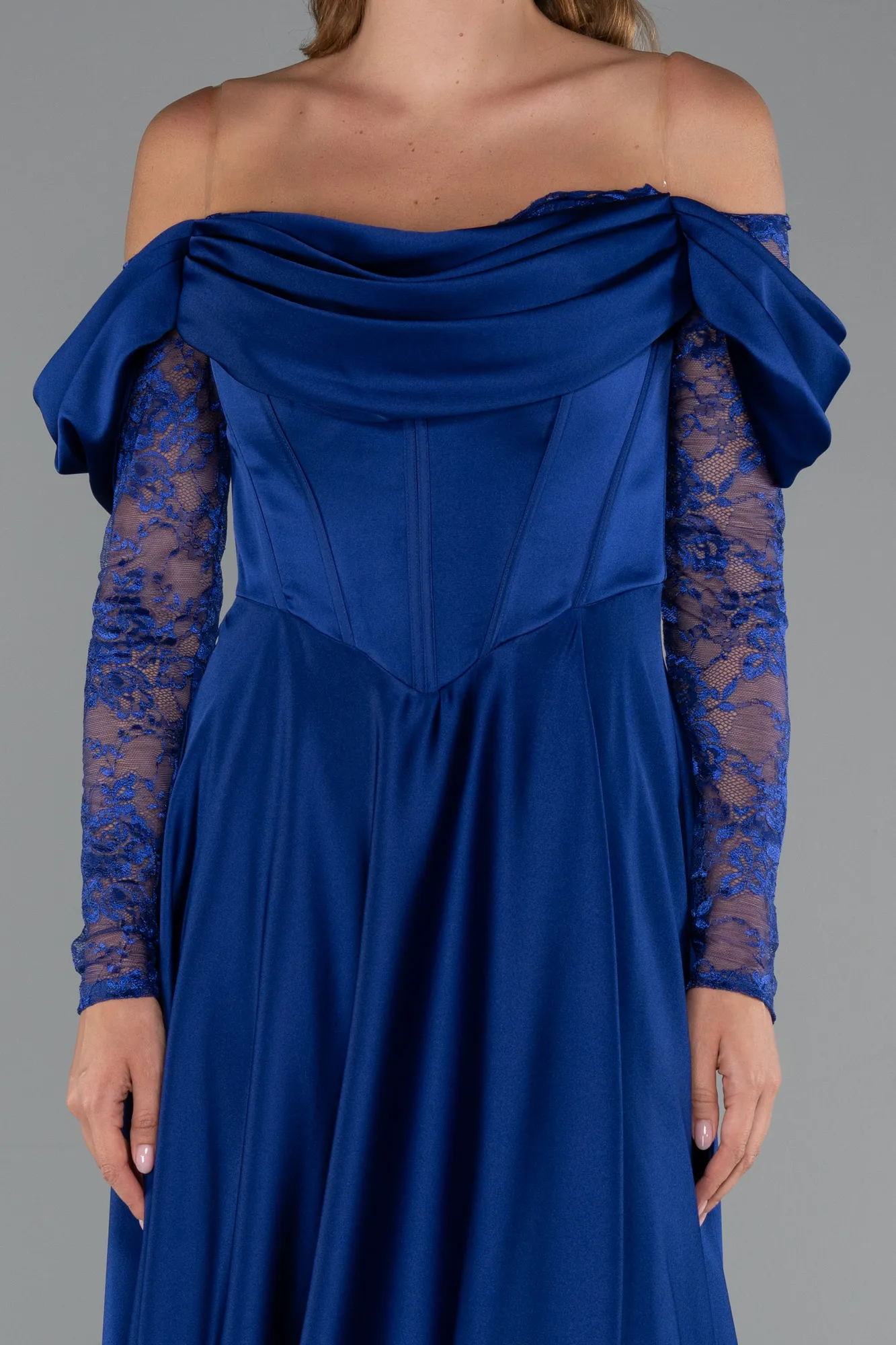 Sax Blue-Long Satin Evening Dress ABU5054
