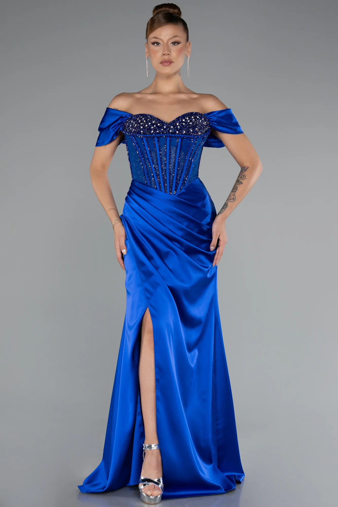 Sax Blue-Long Satin Evening Dress ABU5130