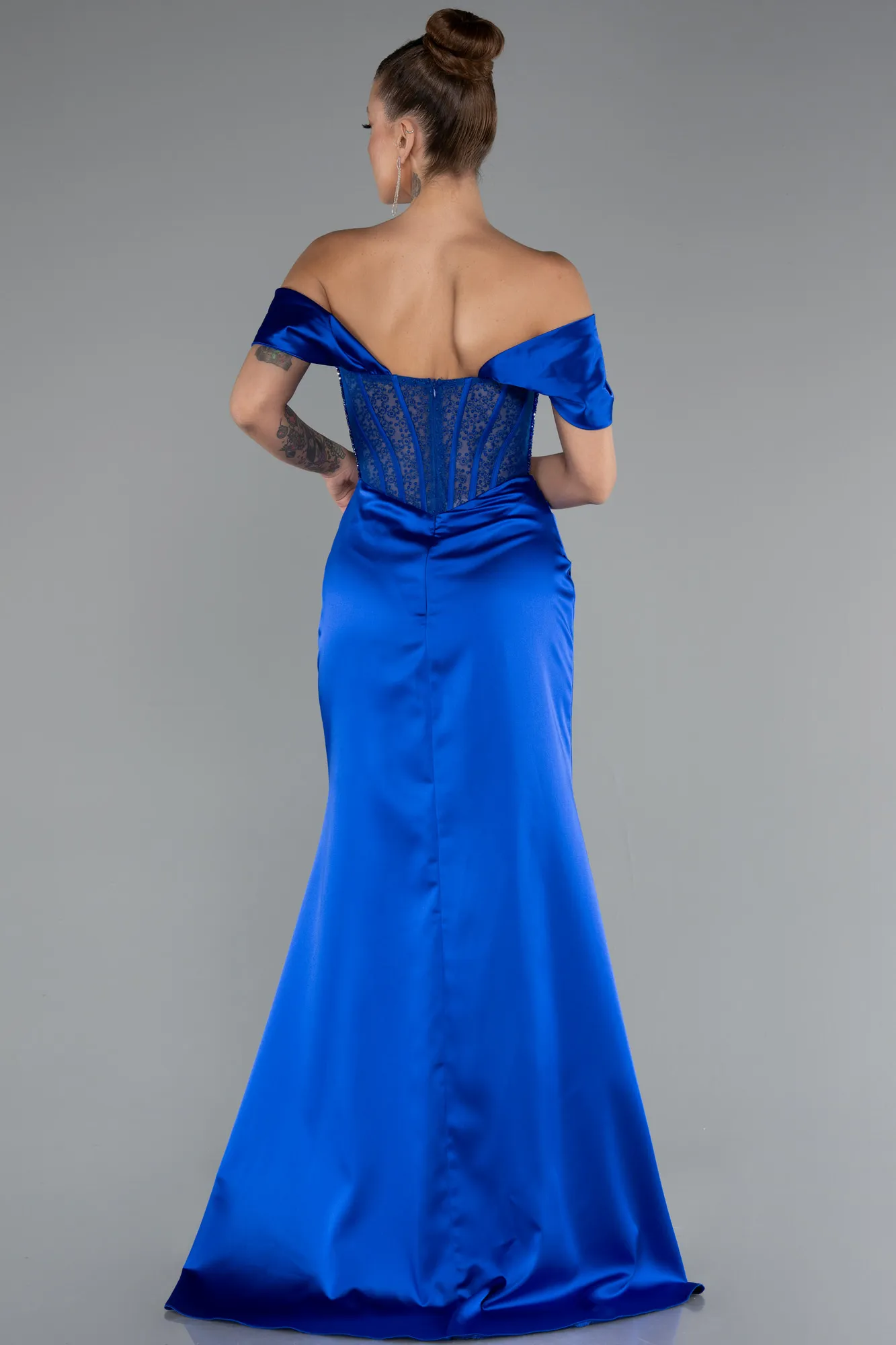 Sax Blue-Long Satin Evening Dress ABU5130