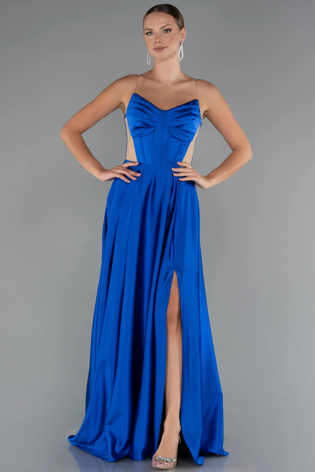 Sax Blue-Long Satin Evening Dress ABU5246