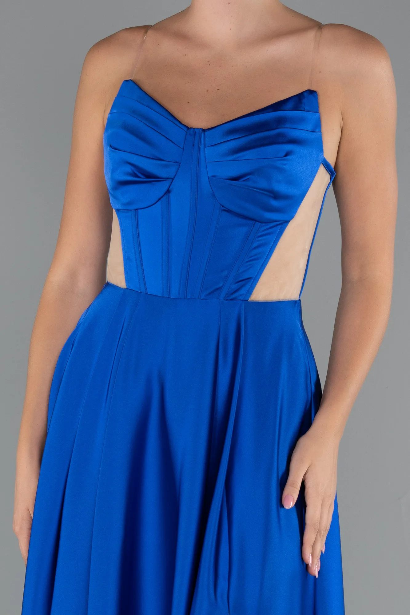 Sax Blue-Long Satin Evening Dress ABU5246