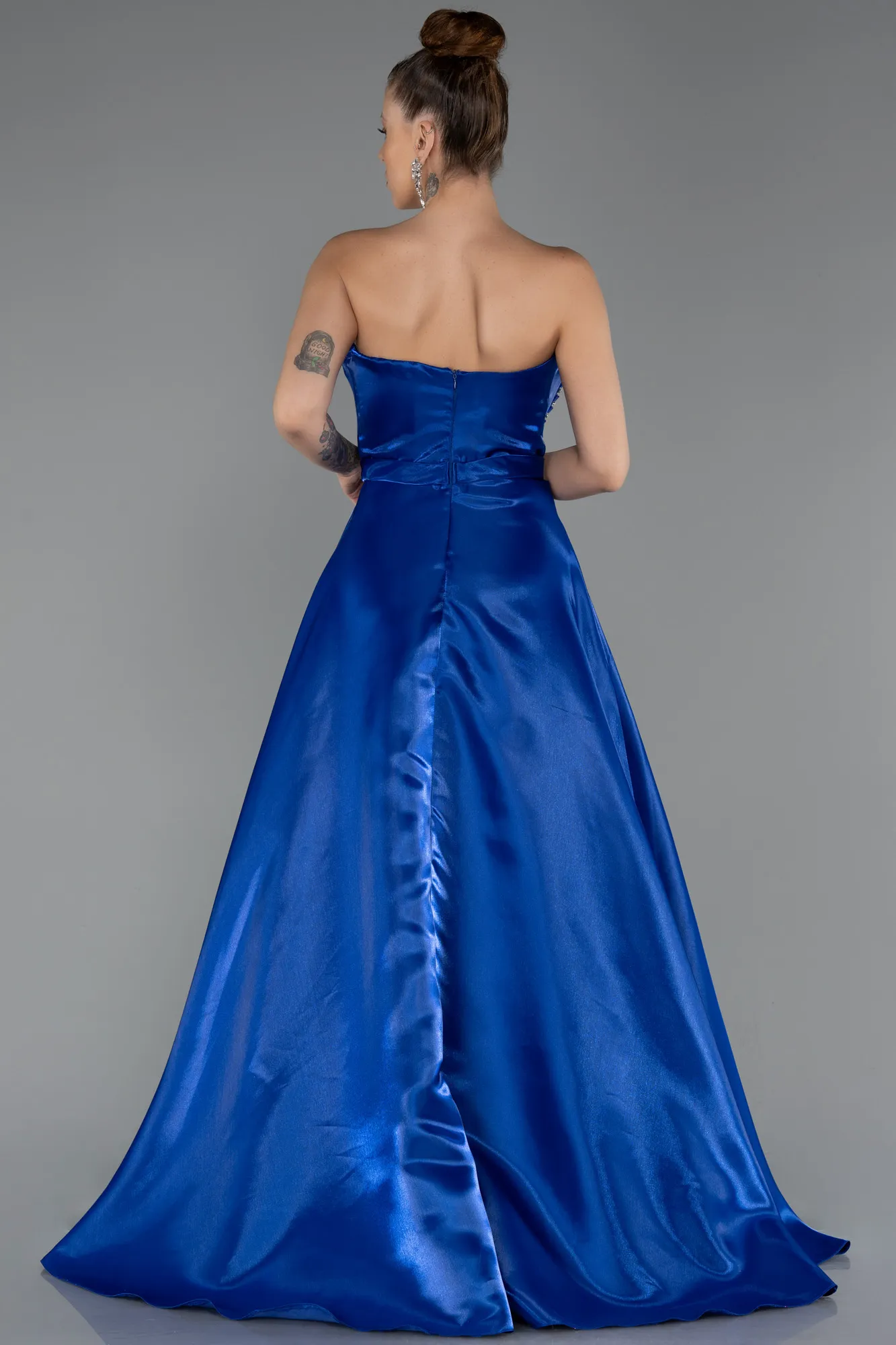 Sax Blue-Long Satin Evening Dress ABU5264