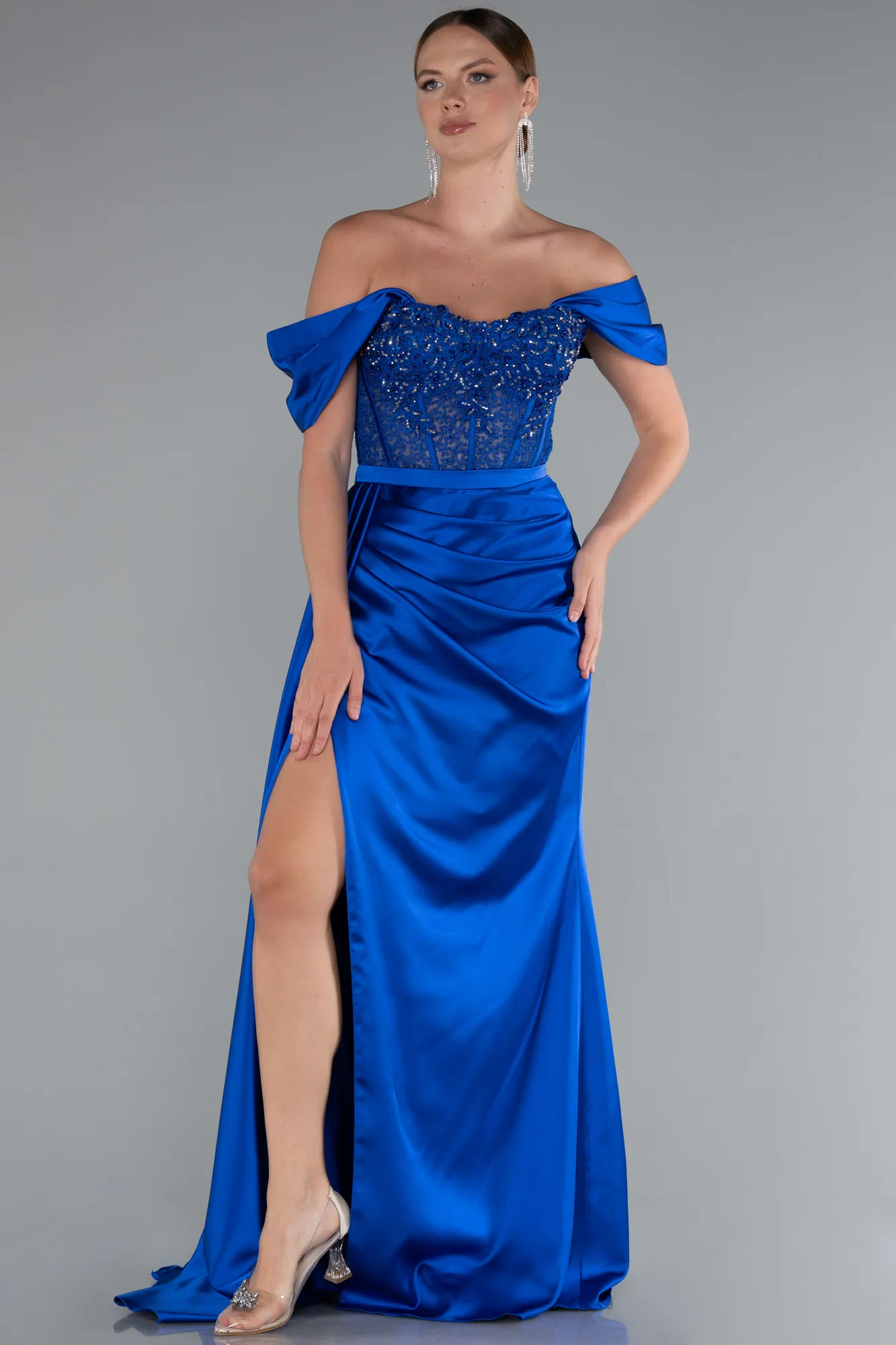 Sax Blue-Long Satin Evening Dress ABU5520