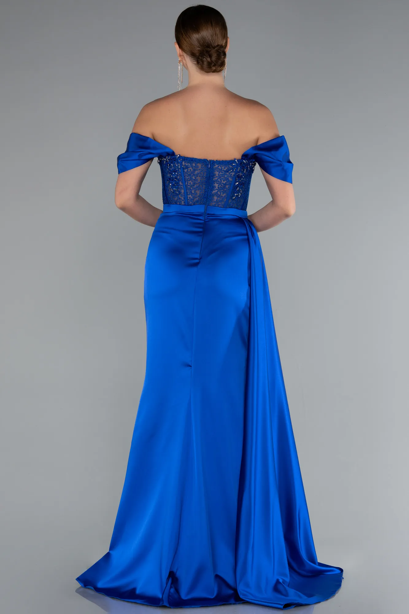 Sax Blue-Long Satin Evening Dress ABU5520