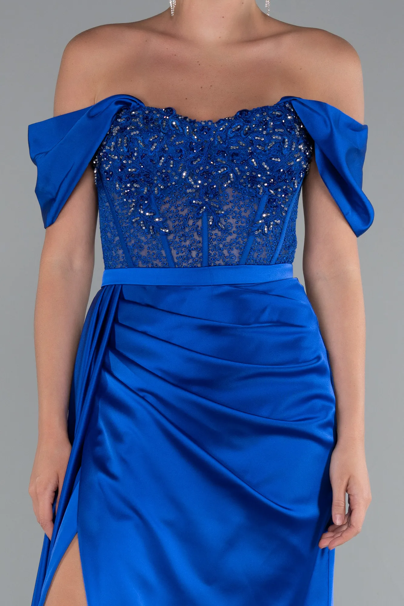 Sax Blue-Long Satin Evening Dress ABU5520