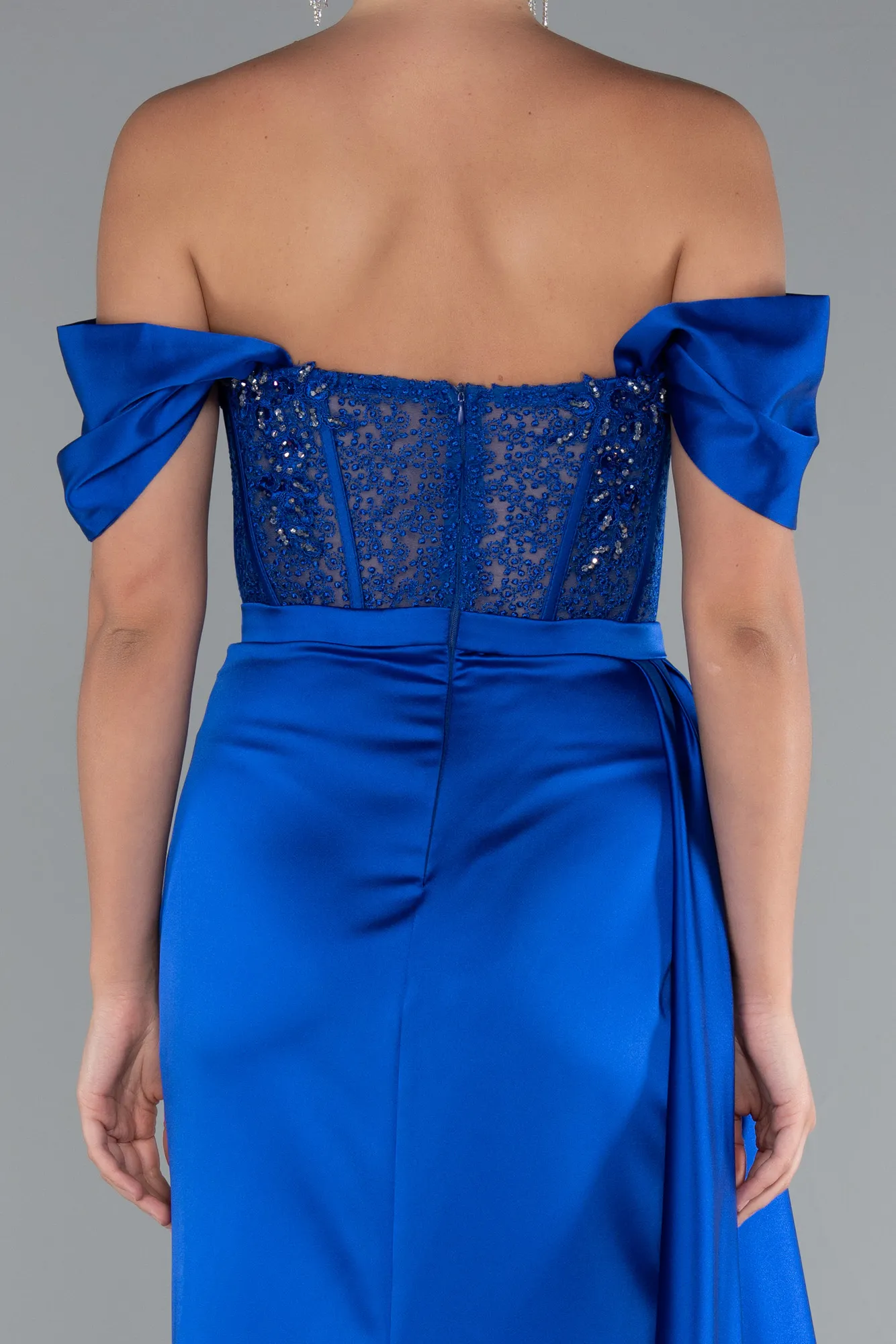 Sax Blue-Long Satin Evening Dress ABU5520