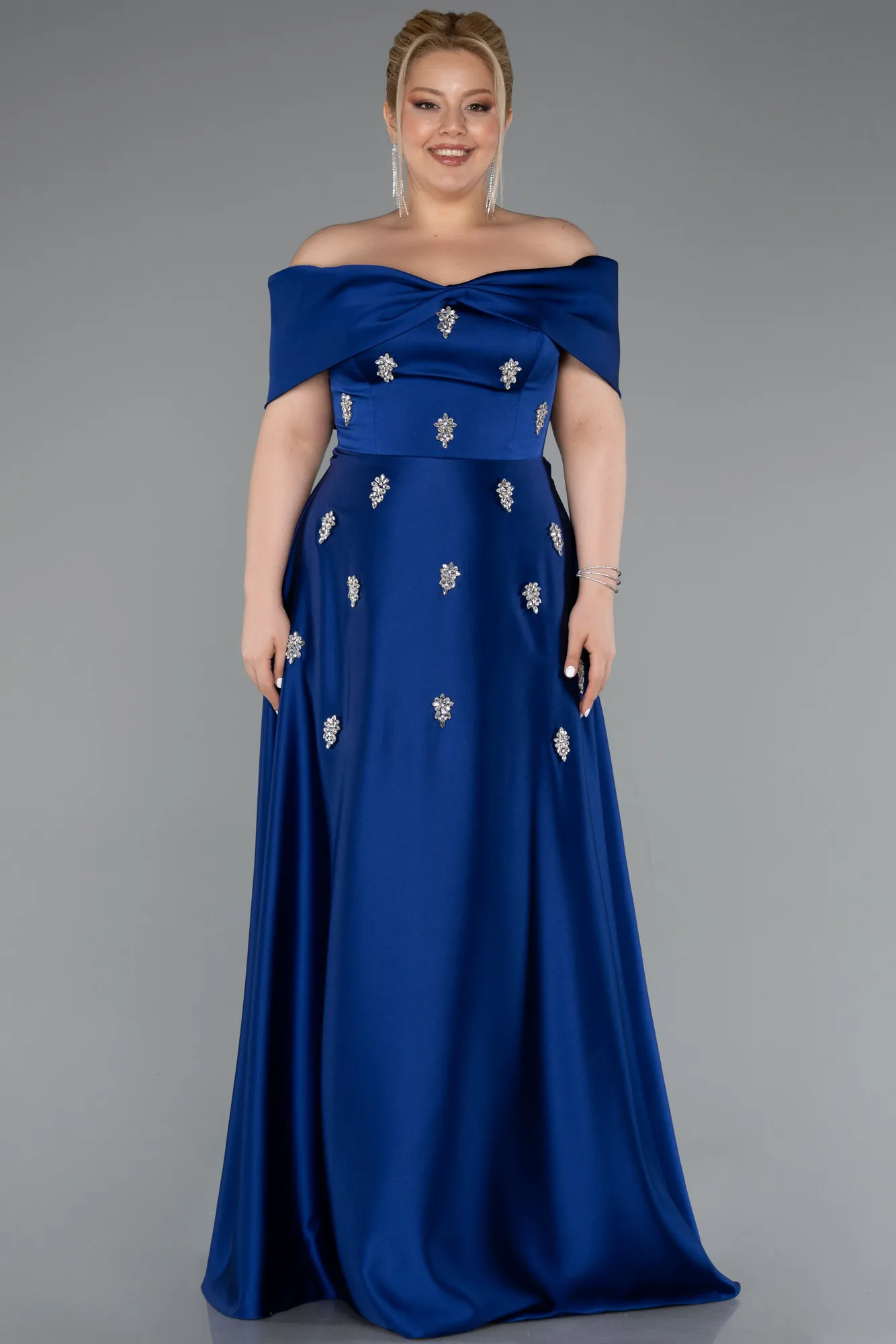 Sax Blue-Long Satin Formal Plus Size Dress ABU5072