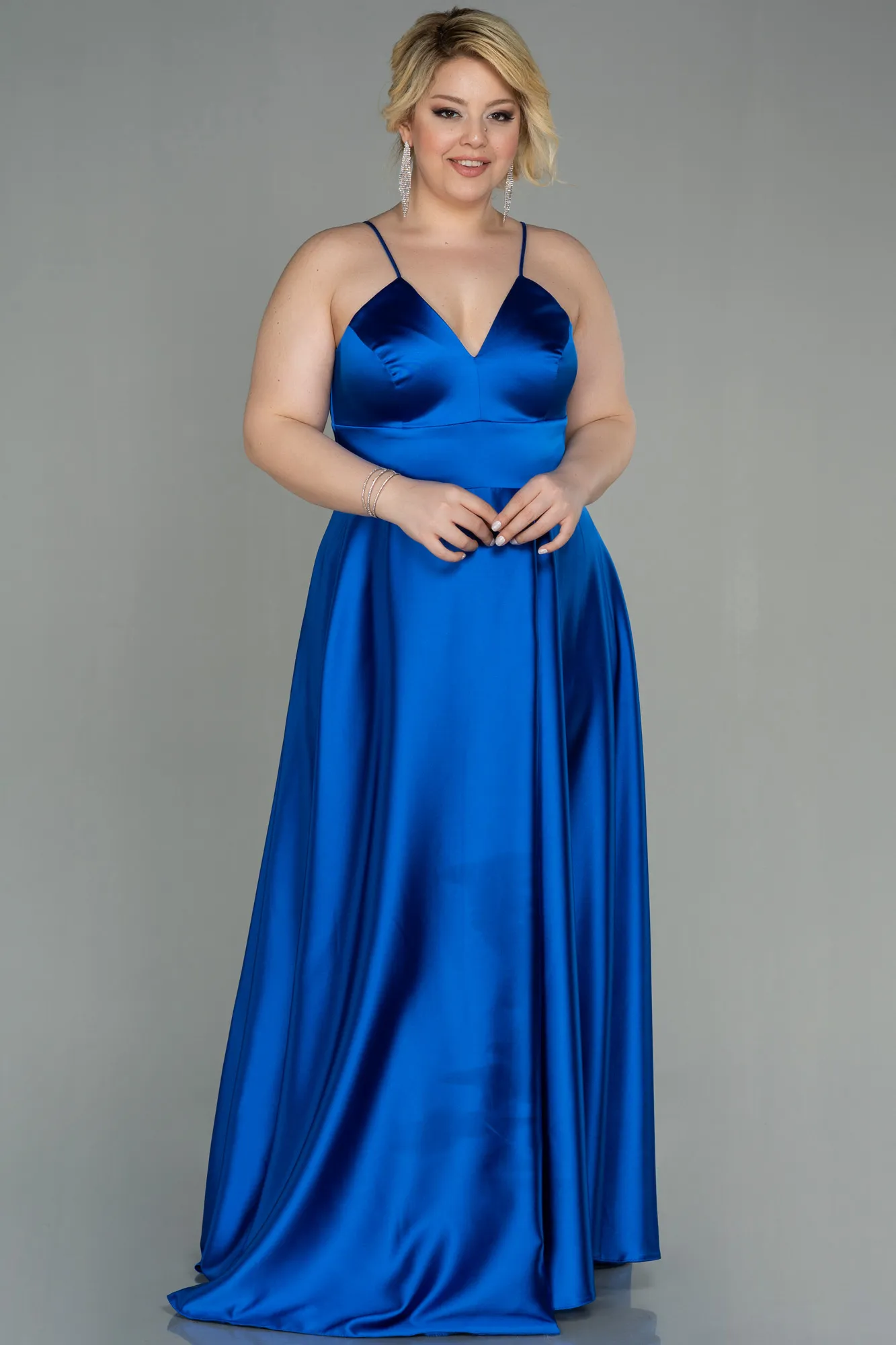 Sax Blue-Long Satin Oversized Evening Dress ABU3020