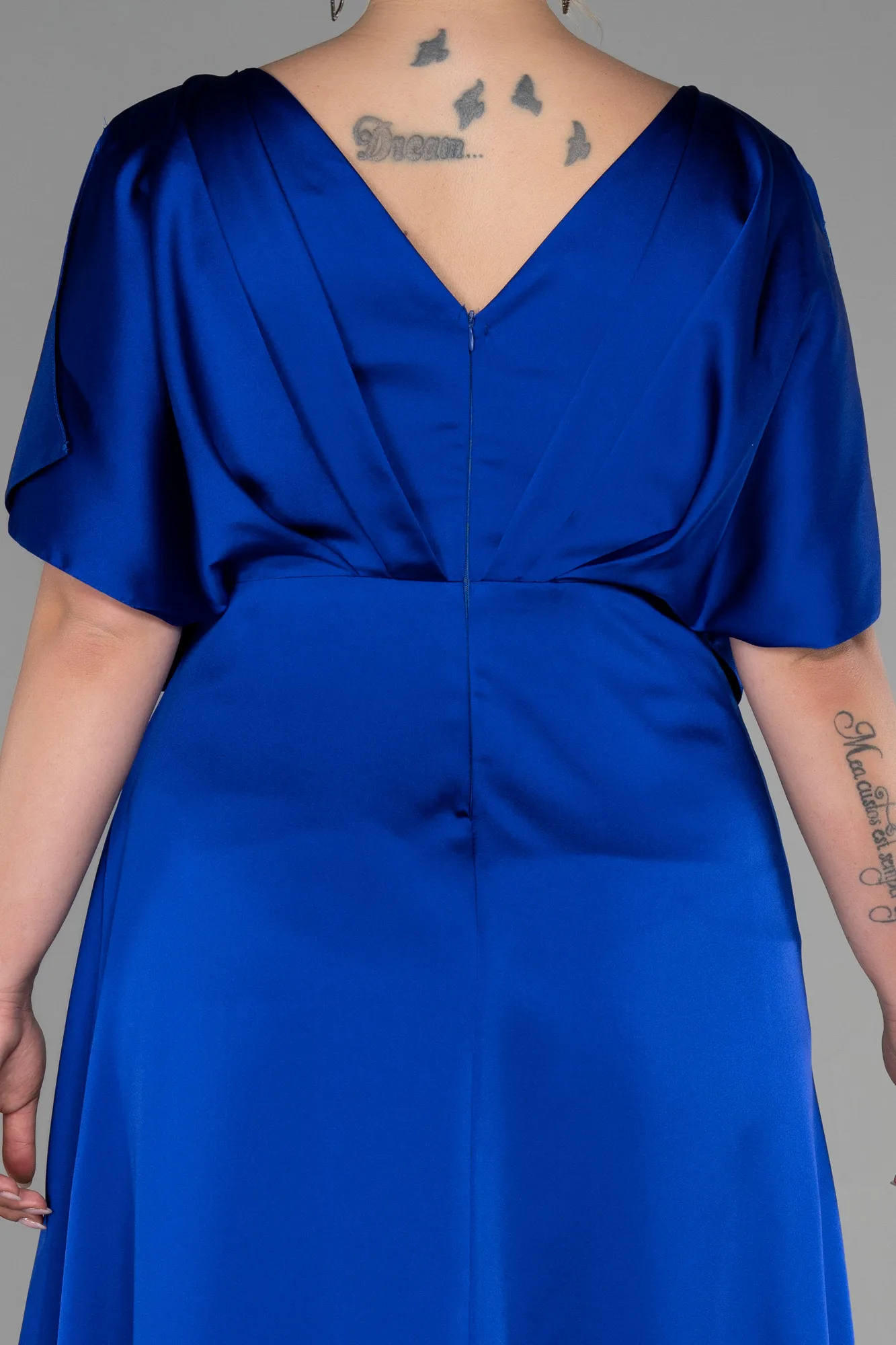 Sax Blue-Long Satin Plus Size Engagement Dress ABU3442