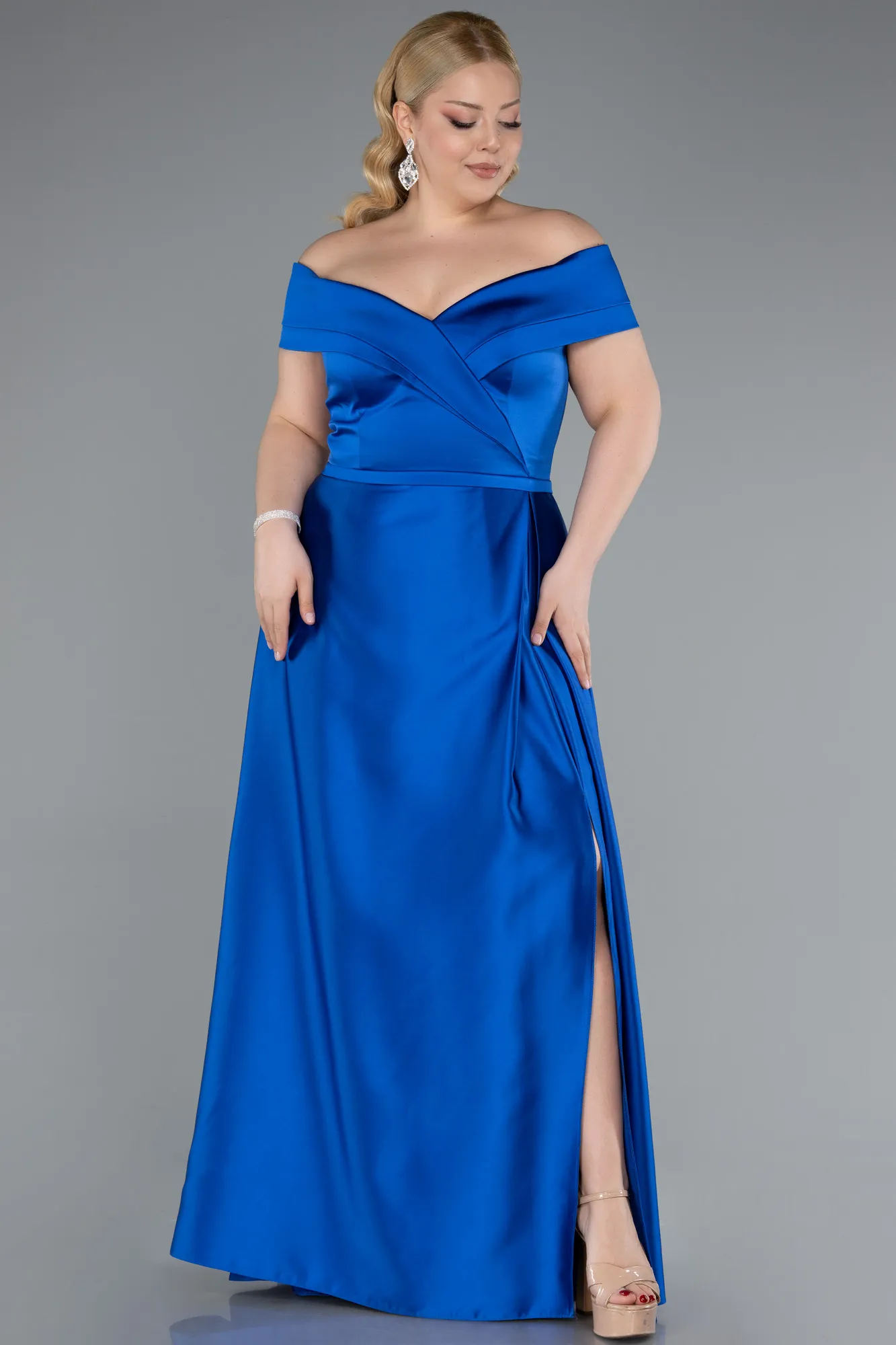 Sax Blue-Long Satin Plus Size Evening Dress ABU2355