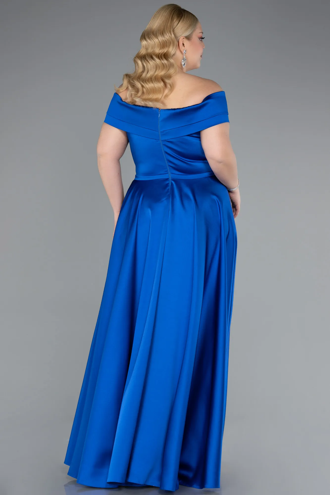 Sax Blue-Long Satin Plus Size Evening Dress ABU2355
