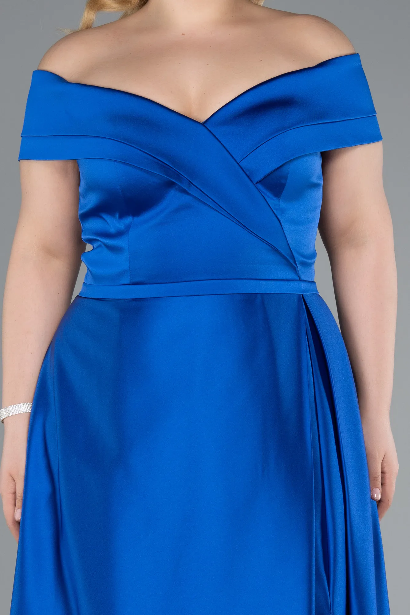 Sax Blue-Long Satin Plus Size Evening Dress ABU2355