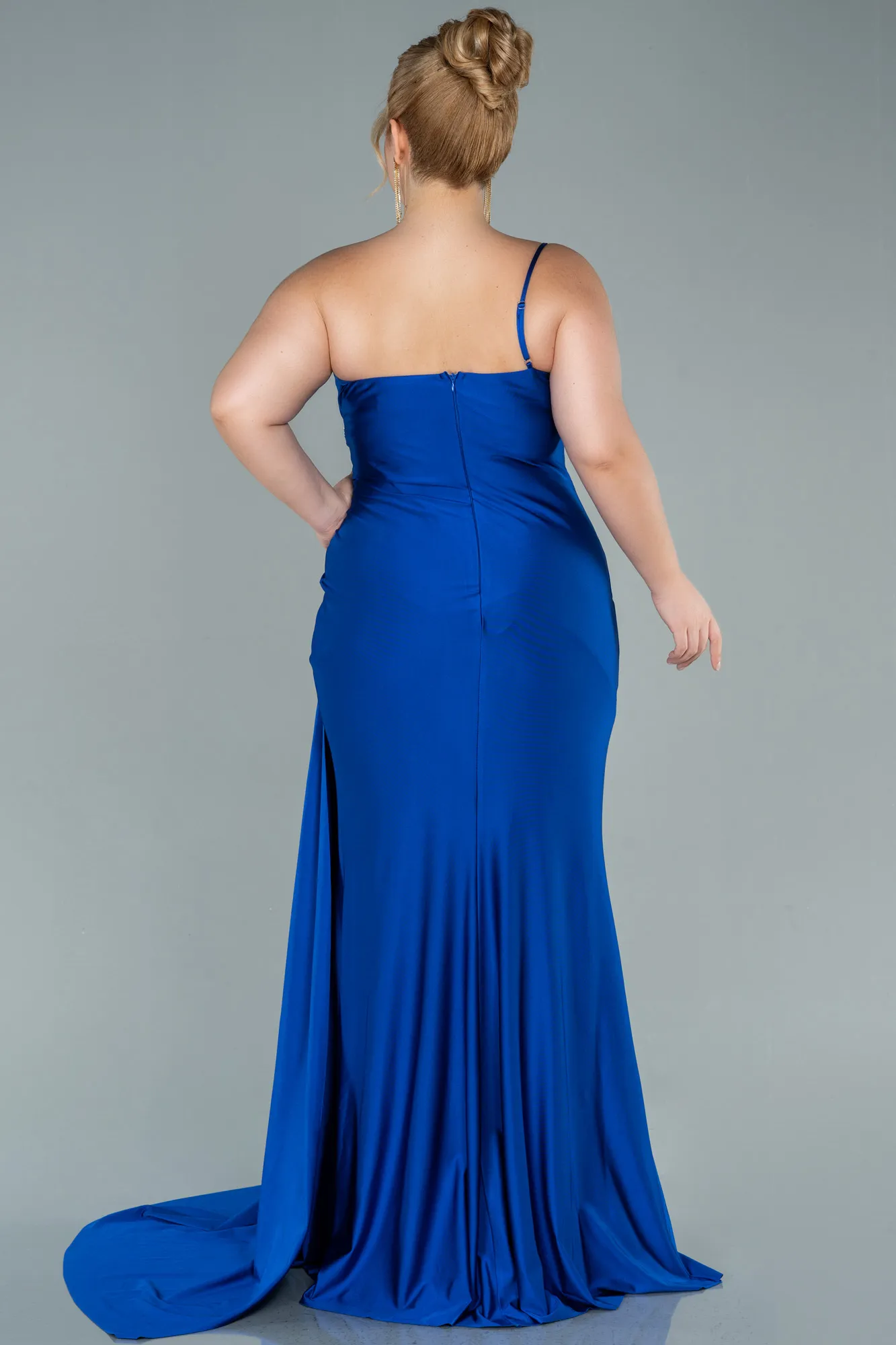 Sax Blue-Long Satin Plus Size Evening Dress ABU2532