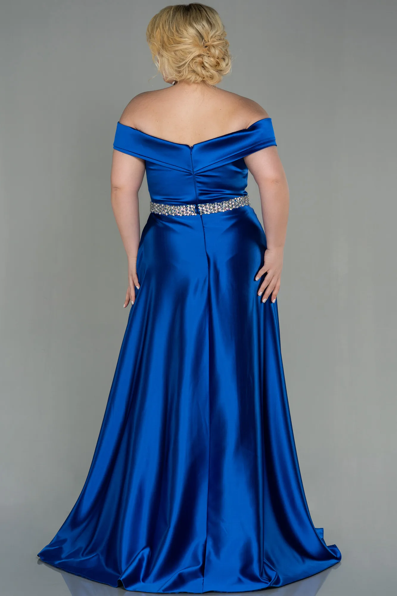 Sax Blue-Long Satin Plus Size Evening Dress ABU3017