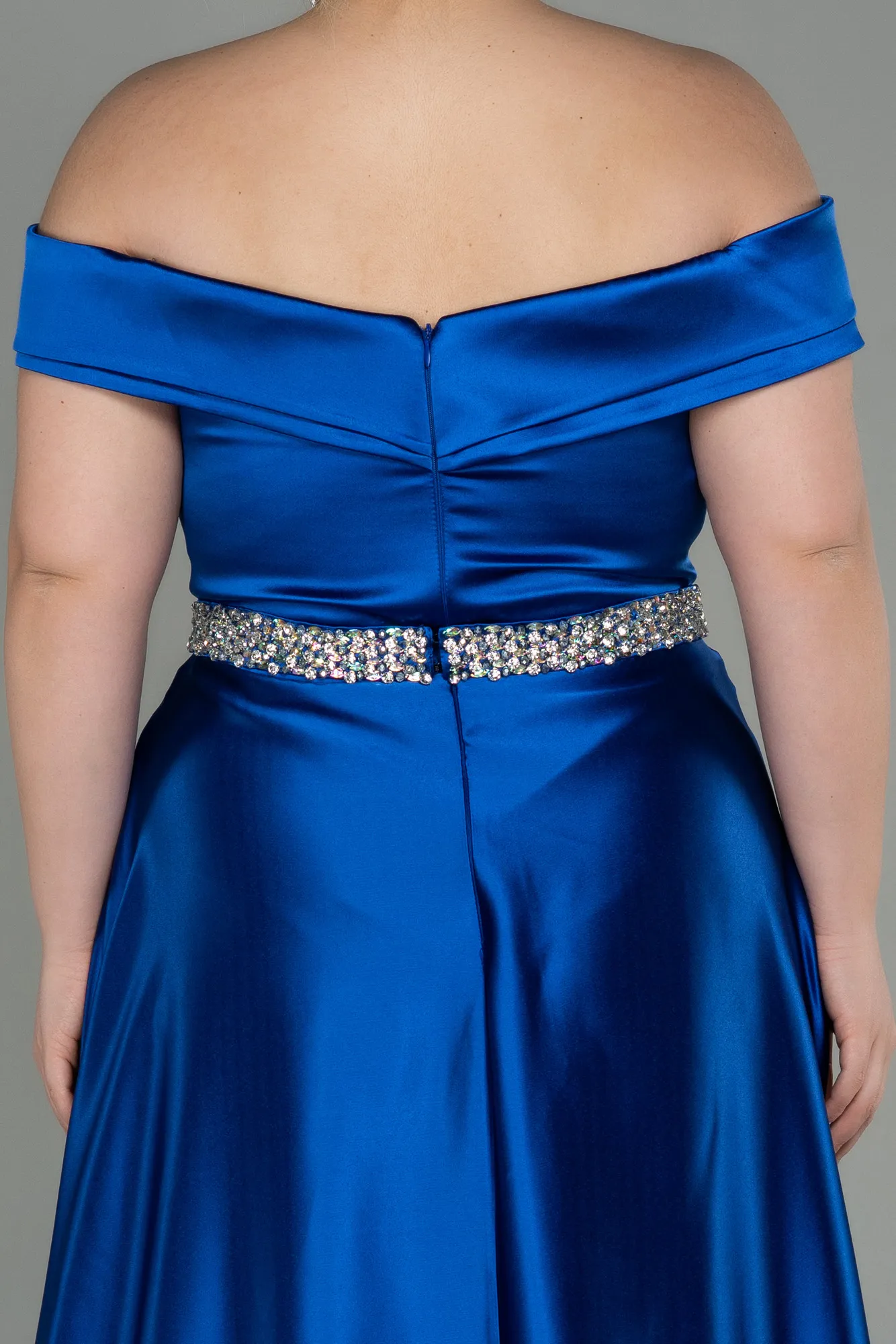 Sax Blue-Long Satin Plus Size Evening Dress ABU3017