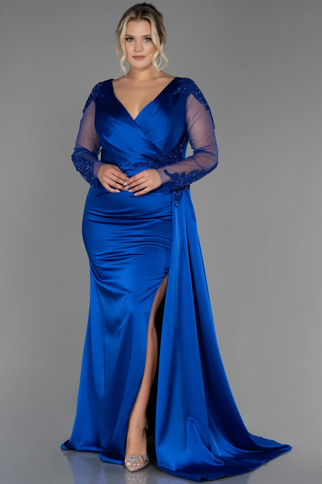 Sax Blue-Long Satin Plus Size Evening Dress ABU3223