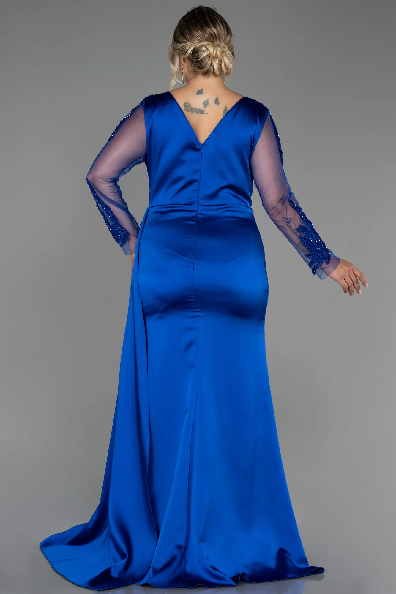 Sax Blue-Long Satin Plus Size Evening Dress ABU3223
