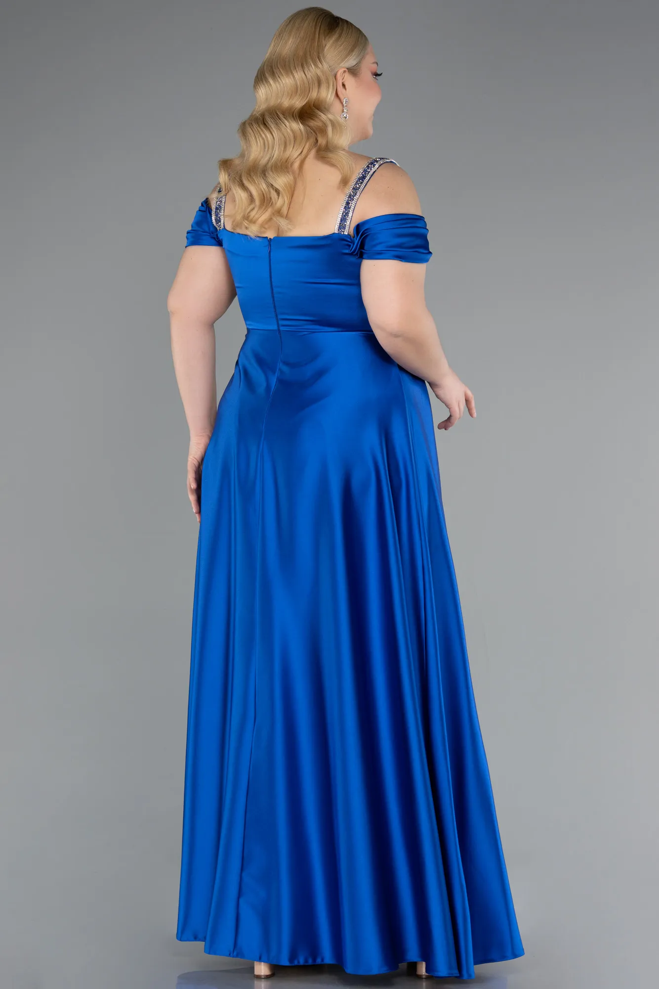 Sax Blue-Long Satin Plus Size Evening Dress ABU3277
