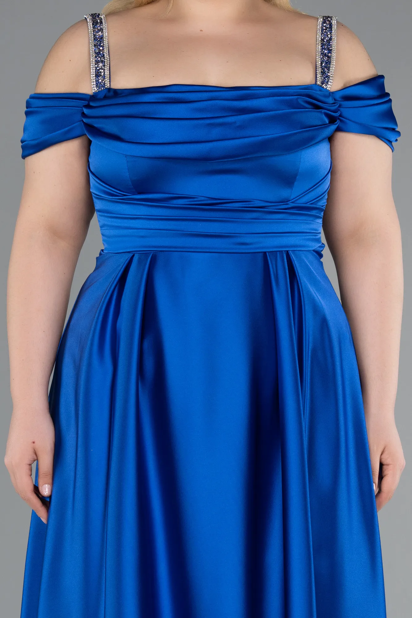 Sax Blue-Long Satin Plus Size Evening Dress ABU3277