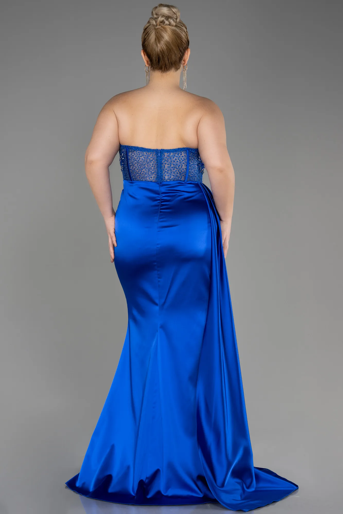 Sax Blue-Long Satin Plus Size Prom Dress ABU3855