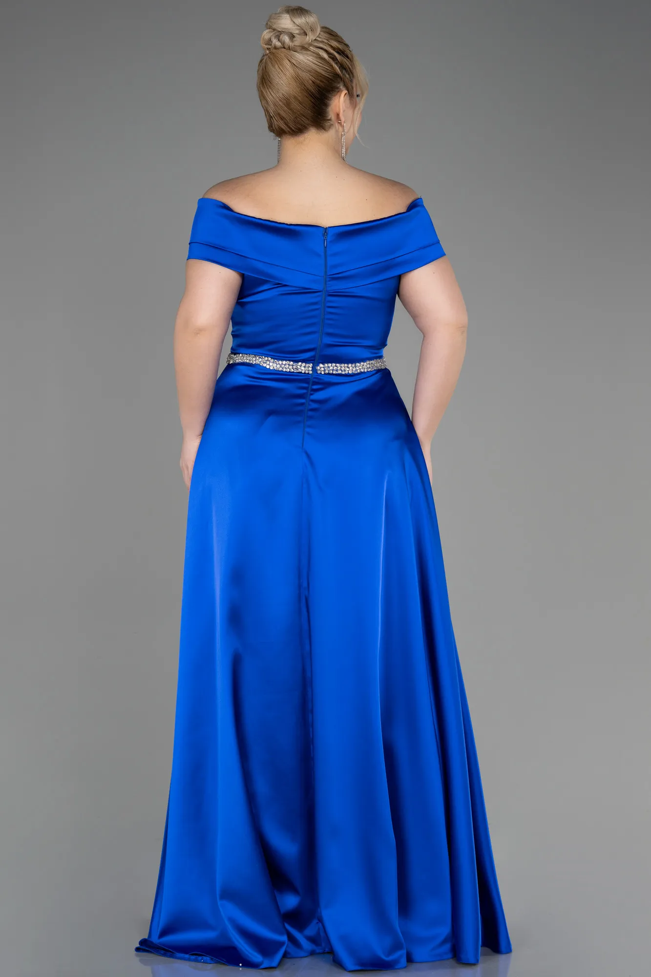 Sax Blue-Long Satin Plus Size Wedding Dress ABU3801