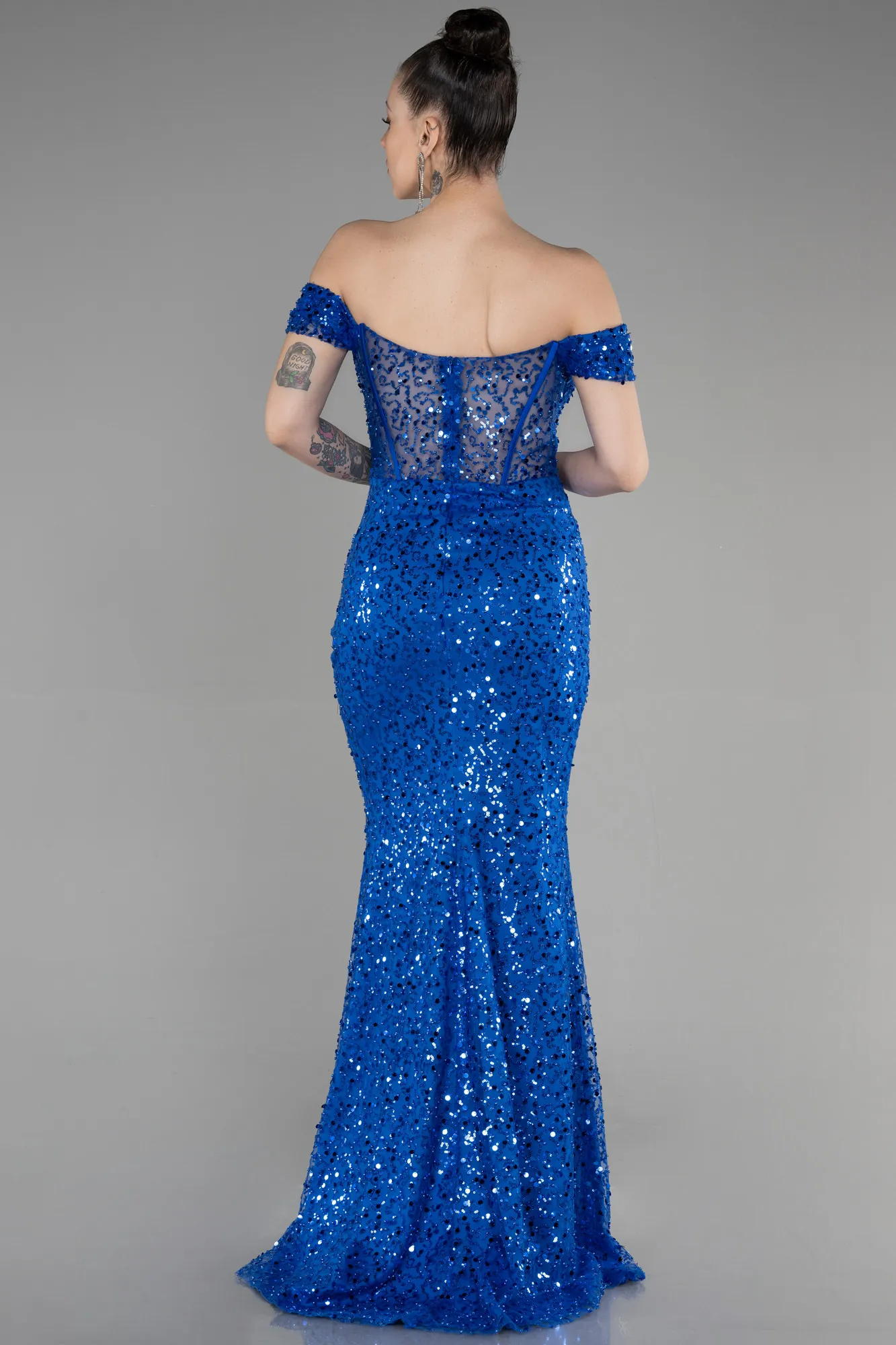 Sax Blue-Long Scaly Evening Dress ABU3498