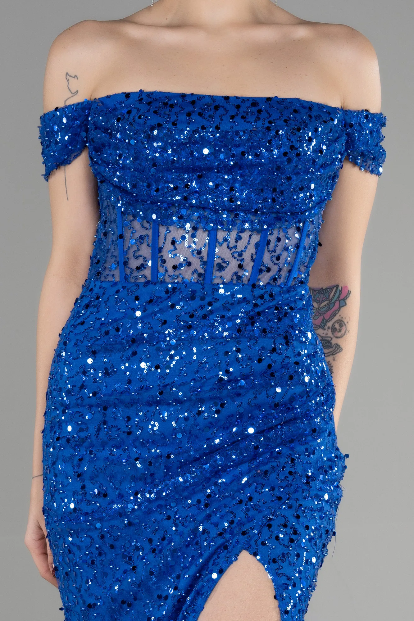 Sax Blue-Long Scaly Evening Dress ABU3498