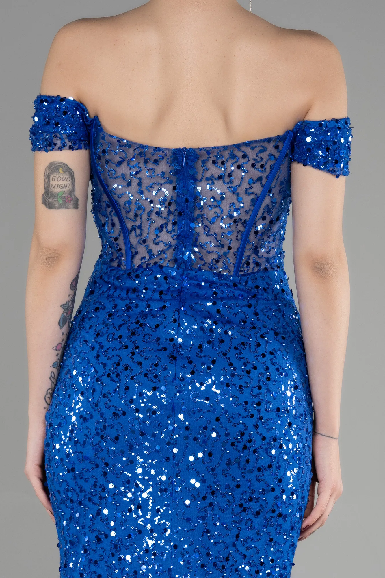 Sax Blue-Long Scaly Evening Dress ABU3498