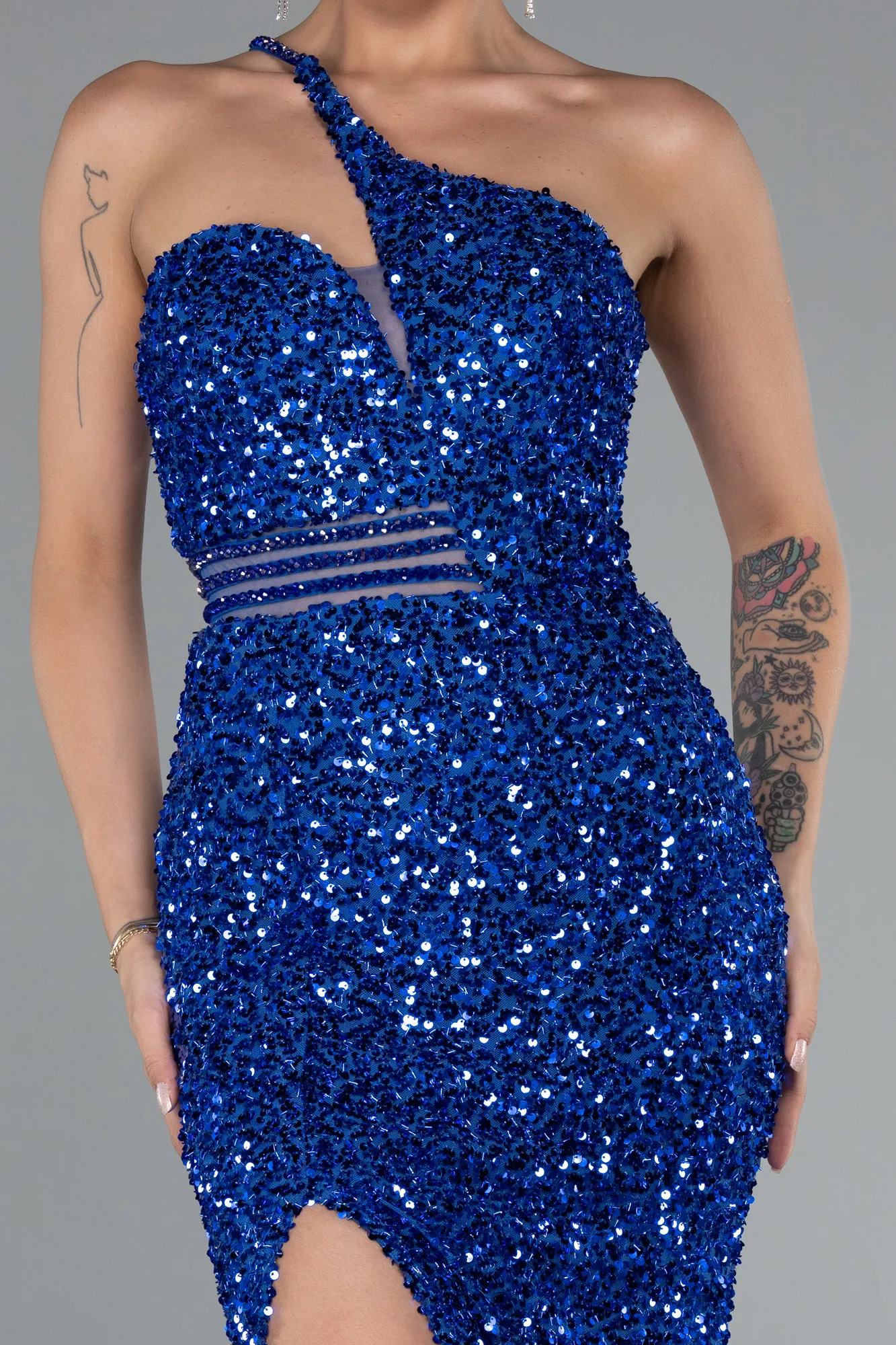 Sax Blue-Long Scaly Evening Dress ABU5070