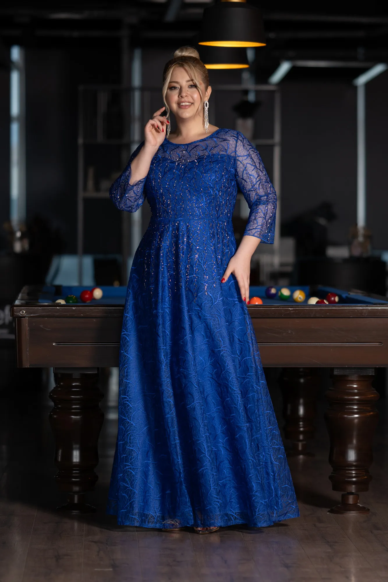 Sax Blue-Long Sleeve Laced Plus Size Evening Dress ABU3932