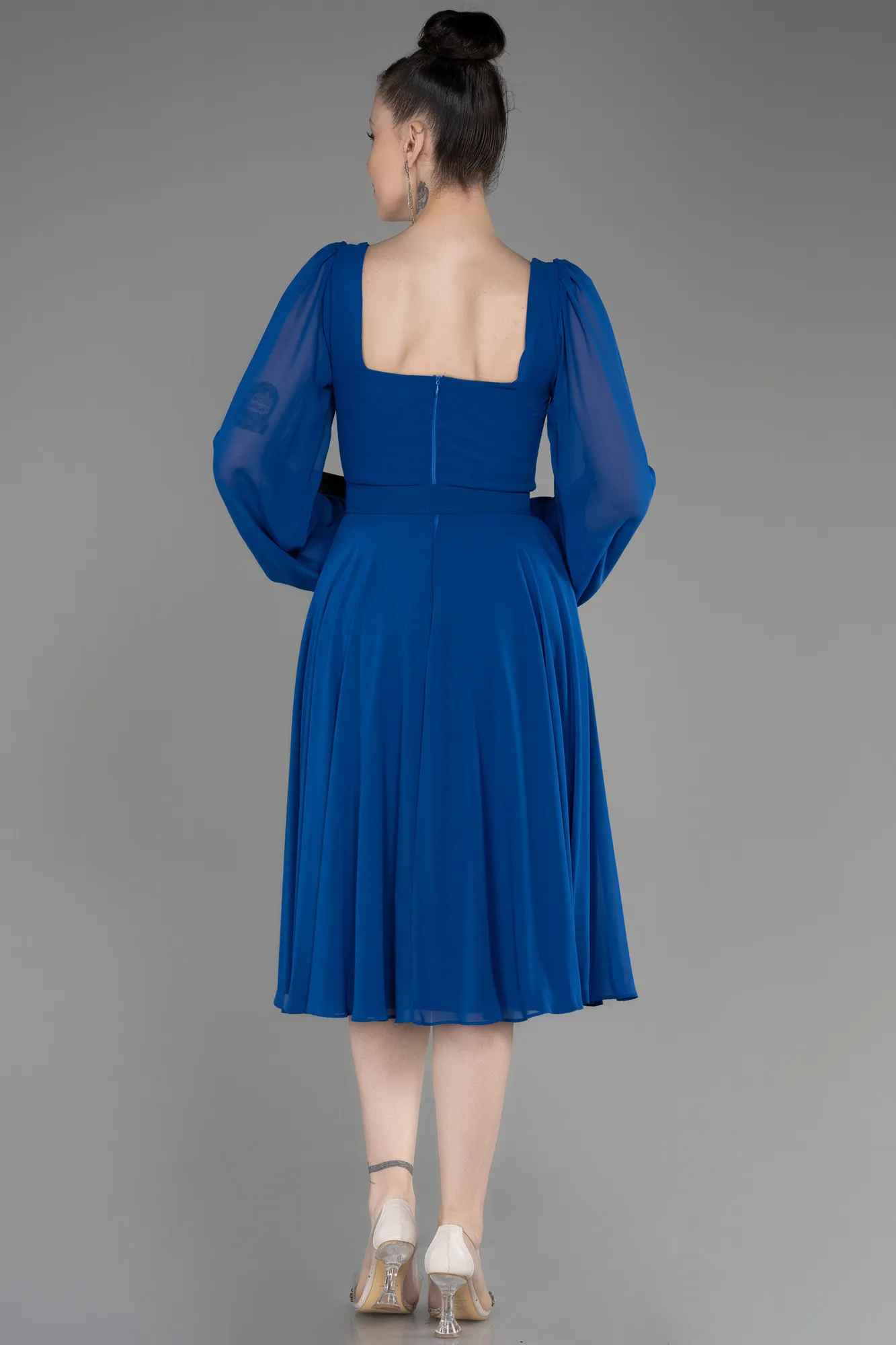 Sax Blue-Long Sleeve Midi Chiffon Cocktail Dress ABK2026