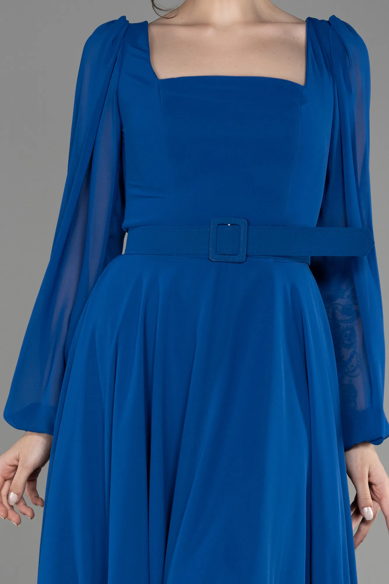 Sax Blue-Long Sleeve Midi Chiffon Cocktail Dress ABK2026