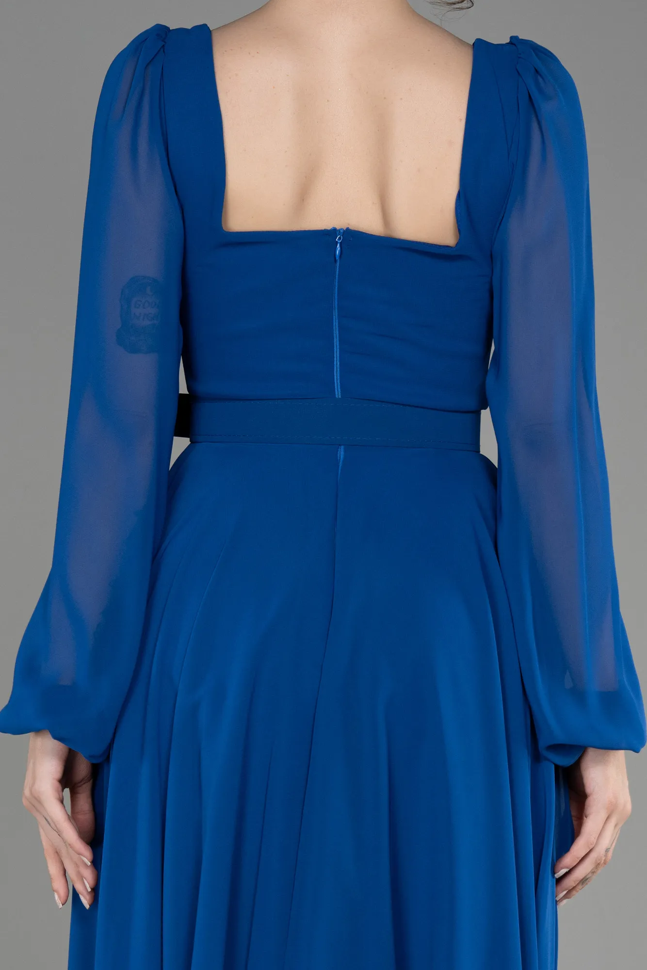 Sax Blue-Long Sleeve Midi Chiffon Cocktail Dress ABK2026