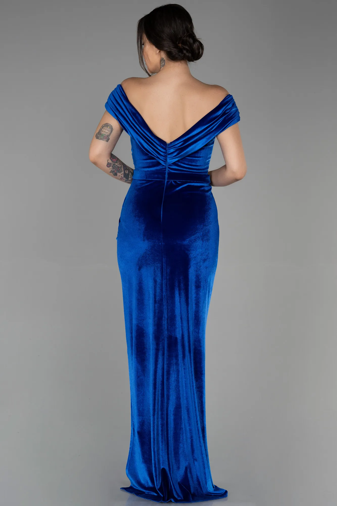Sax Blue-Long Velvet Evening Dress ABU3330