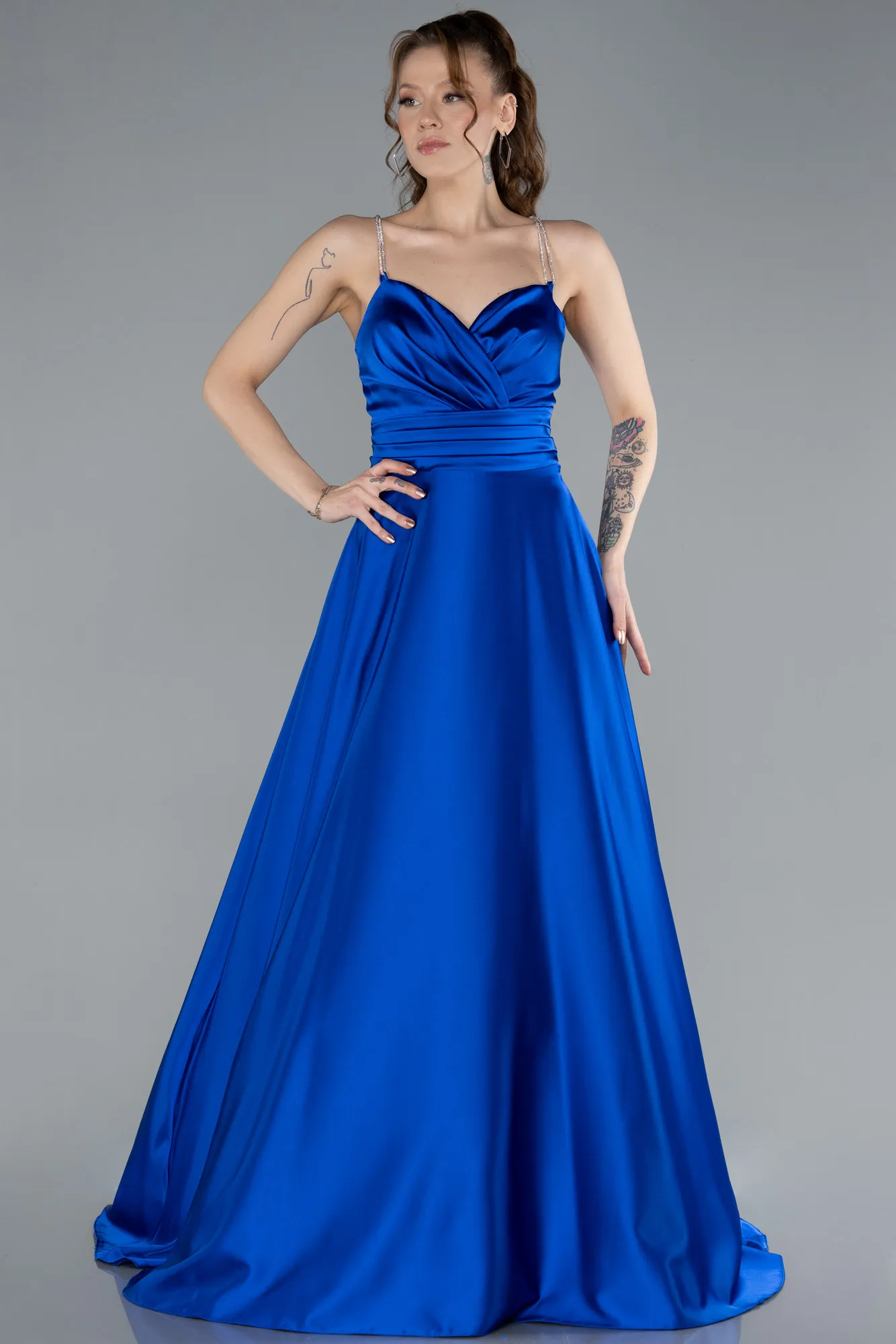 Sax Blue-Low Cut Back Long Satin Prom Dress ABU4702