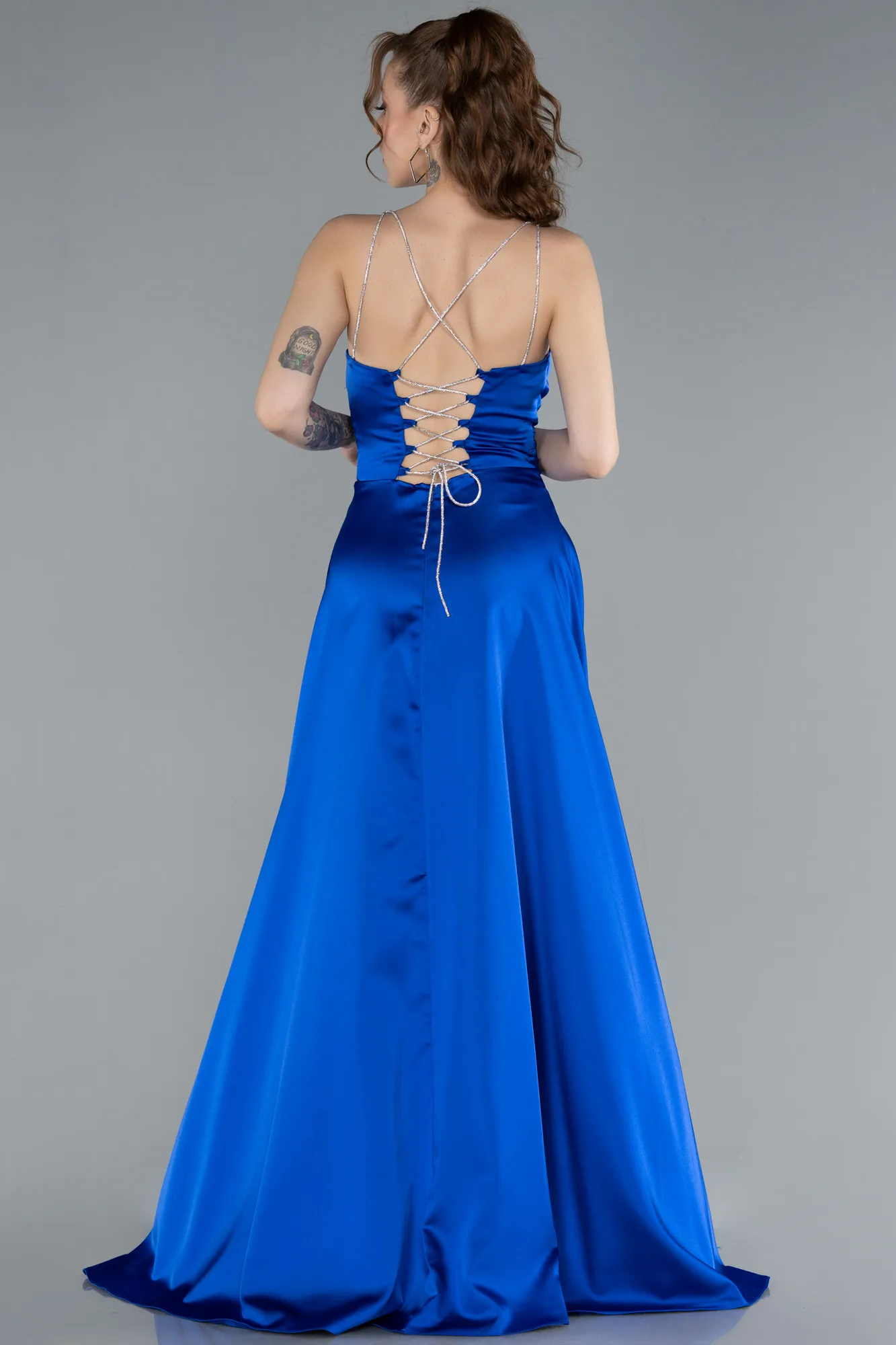 Sax Blue-Low Cut Back Long Satin Prom Dress ABU4702