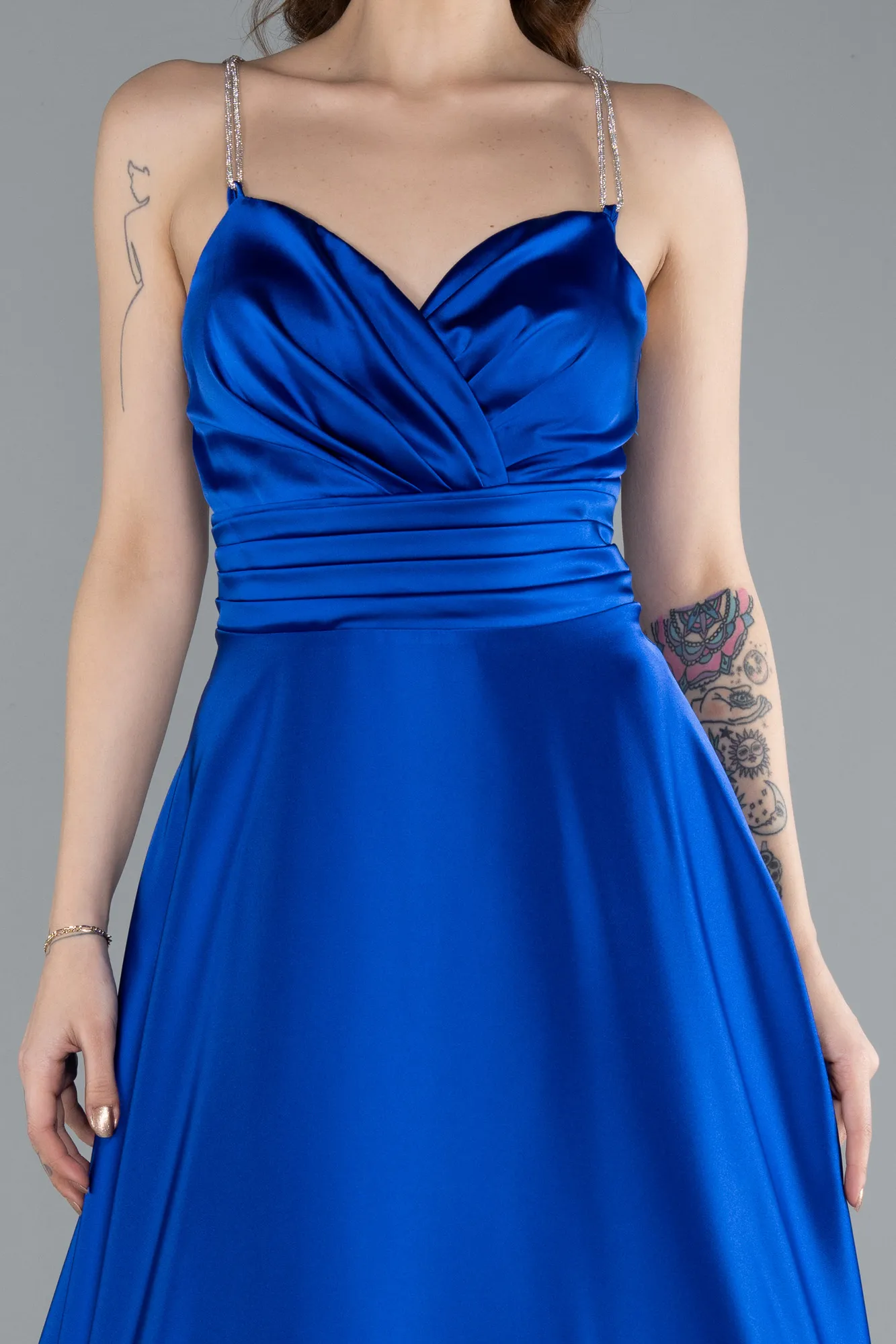 Sax Blue-Low Cut Back Long Satin Prom Dress ABU4702