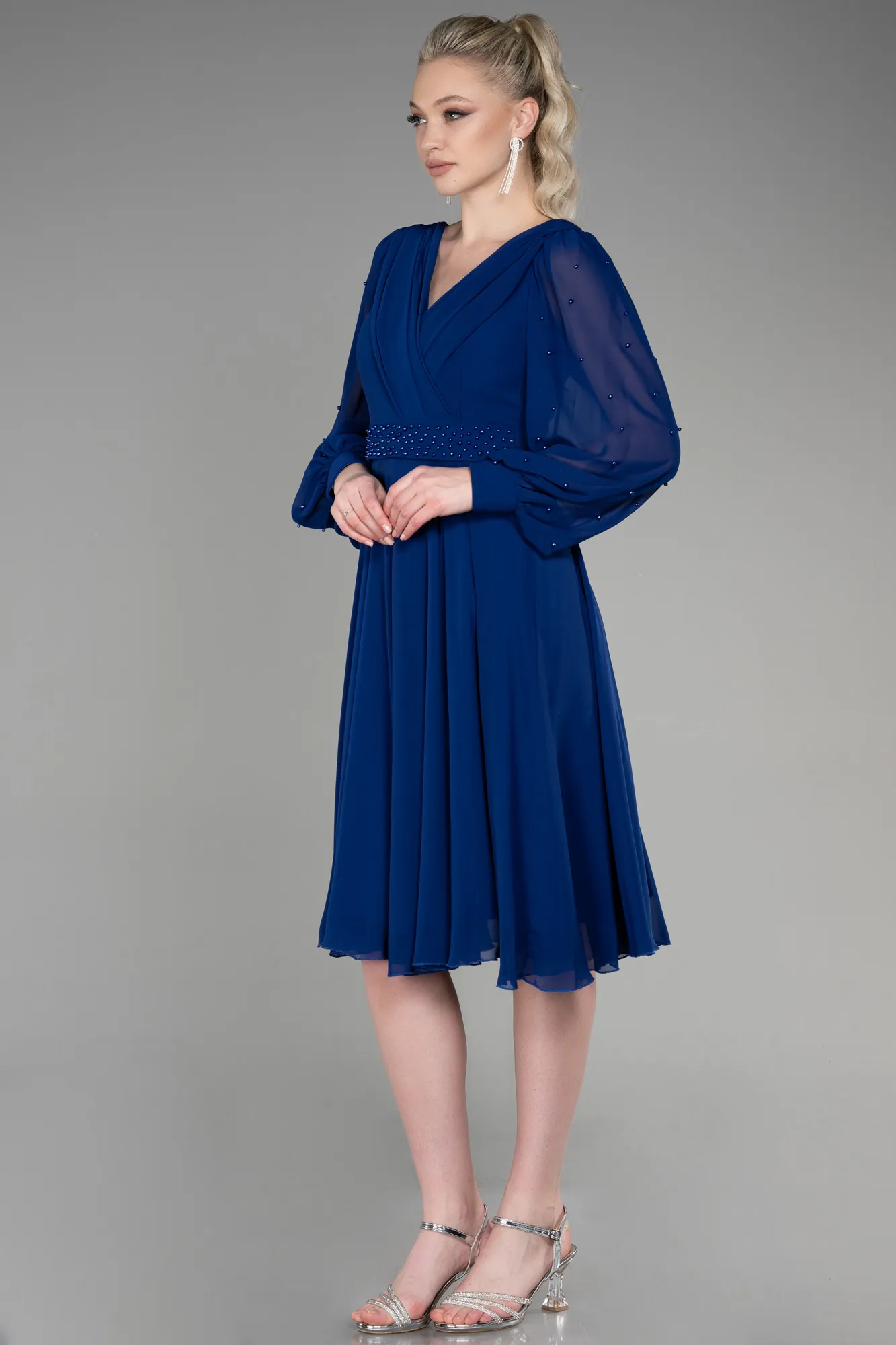 Sax Blue-Midi Chiffon Cocktail Dress ABK1959