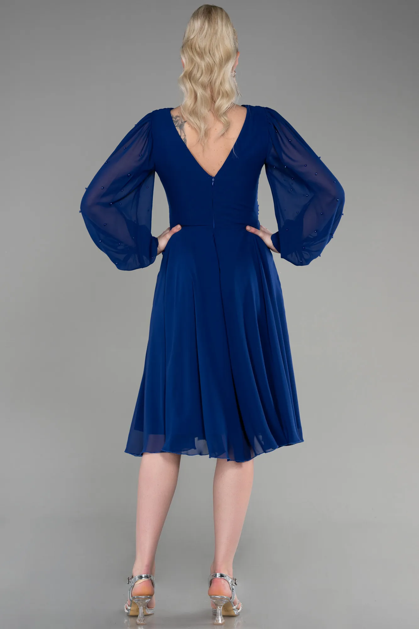 Sax Blue-Midi Chiffon Cocktail Dress ABK1959